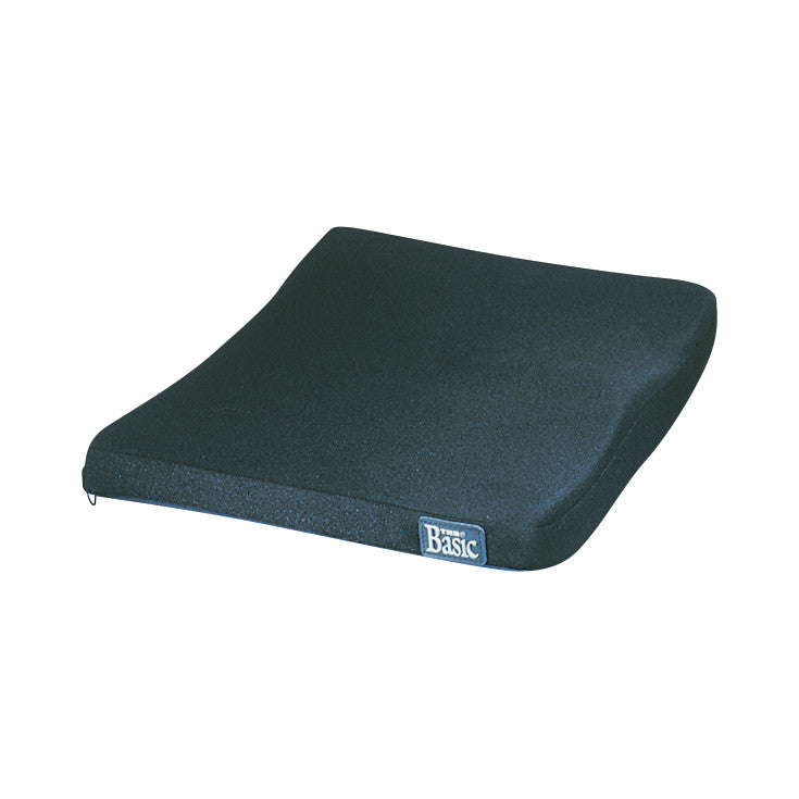 A black Jay Basic Wheelchair Cushion with a slightly contoured design and a small label on the side.
