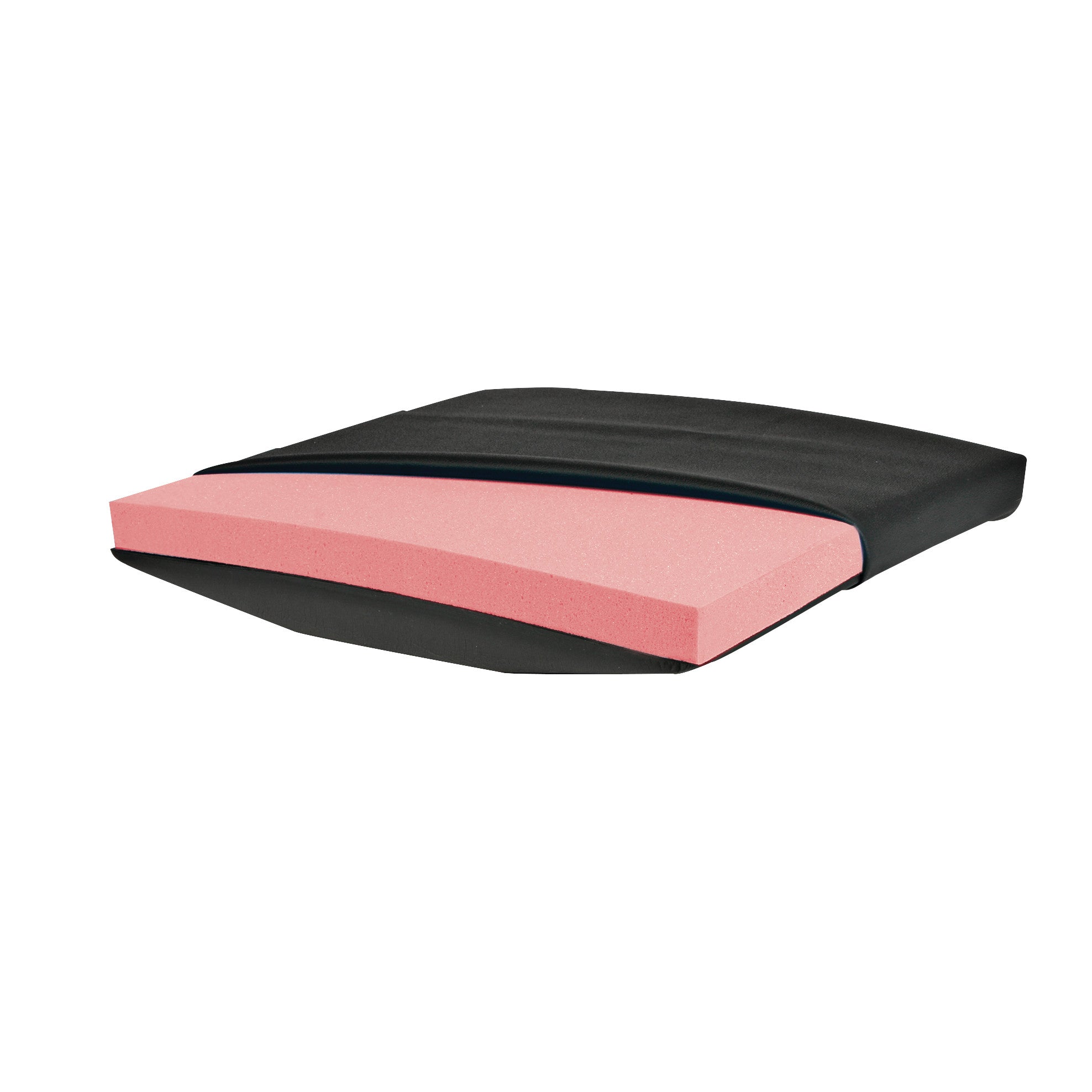 AliMed T-Foam Wheelchair Cushion with Solid Seat Insert, featuring a pink foam core partially enclosed by a black cover.