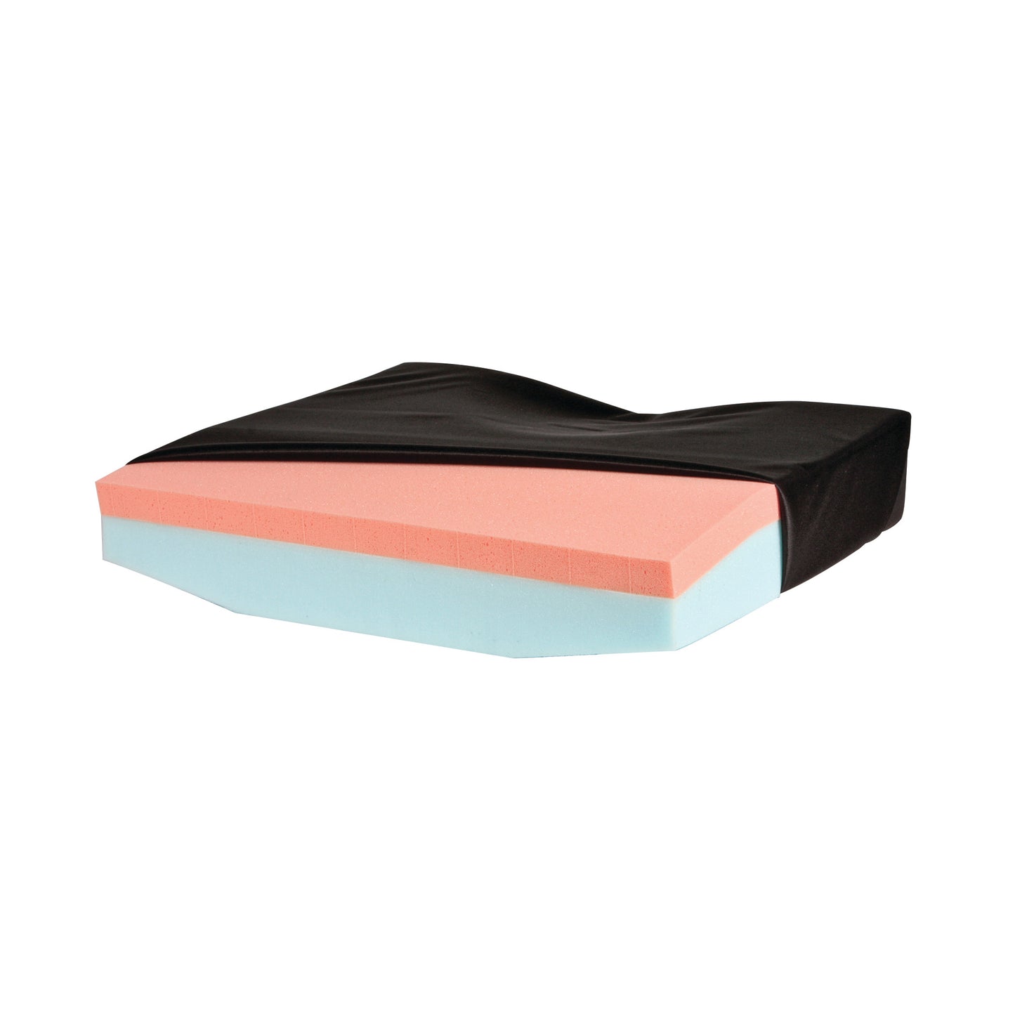 AliMed Sit-Straight Coccyx Wheelchair Cushion with T-Foam featuring a black cover partially revealing the pink and blue foam layers.