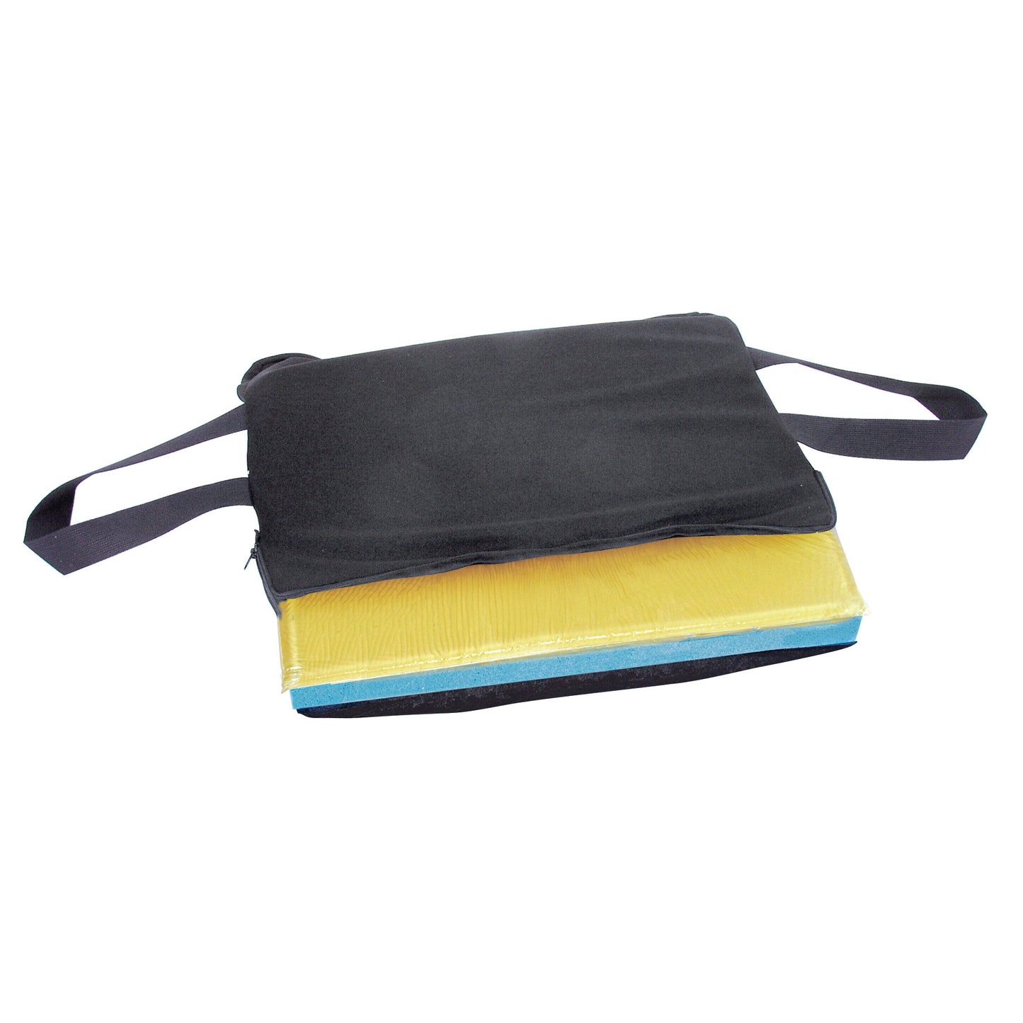 T-Gel Plus Wheelchair Cushion features a black cover and yellow-blue layers, including a carrying strap.