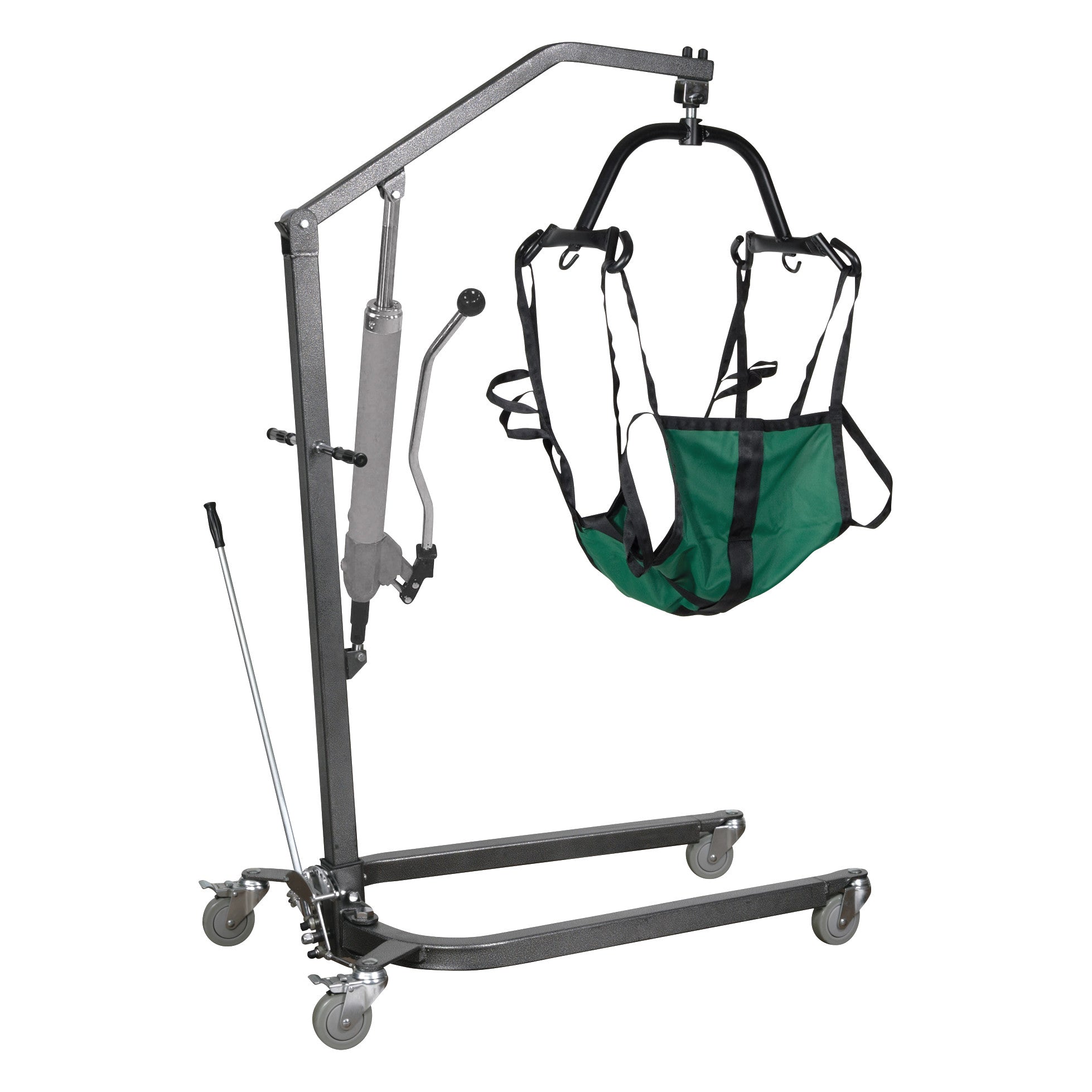 Drive Medical Hydraulic Standard Patient Lift with a green sling, featuring a metal frame, hydraulic pump, and caster wheels.