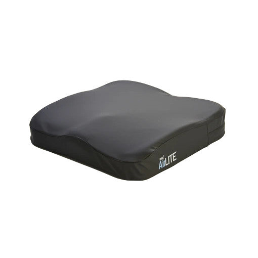 The ROHO AirLITE Wheelchair Cushion is a black contoured cushion designed for comfort and support in a wheelchair.