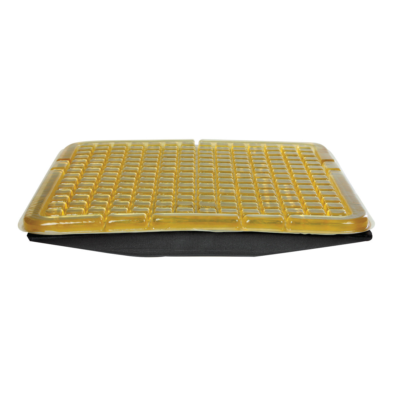 AliMed Checkerboard T-Gel Wheelchair Cushion with Solid Seat Insert, featuring a yellow gel grid pattern on top of a black base.