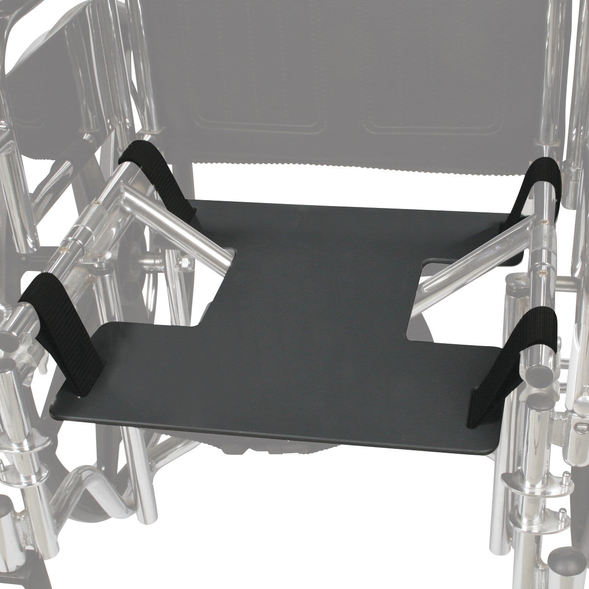 AliMed Drop Seat installed on a wheelchair frame, featuring a black platform with straps for secure attachment.