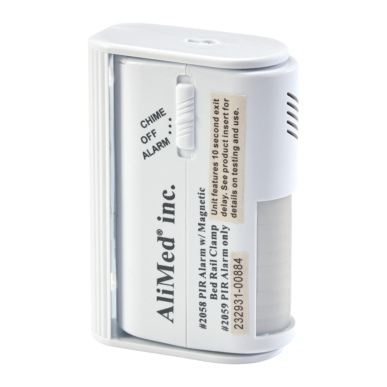 The AliMed Motion Detection Local Alarm with Wall Mount features a switch labeled "Chime," "Off," and "Alarm".