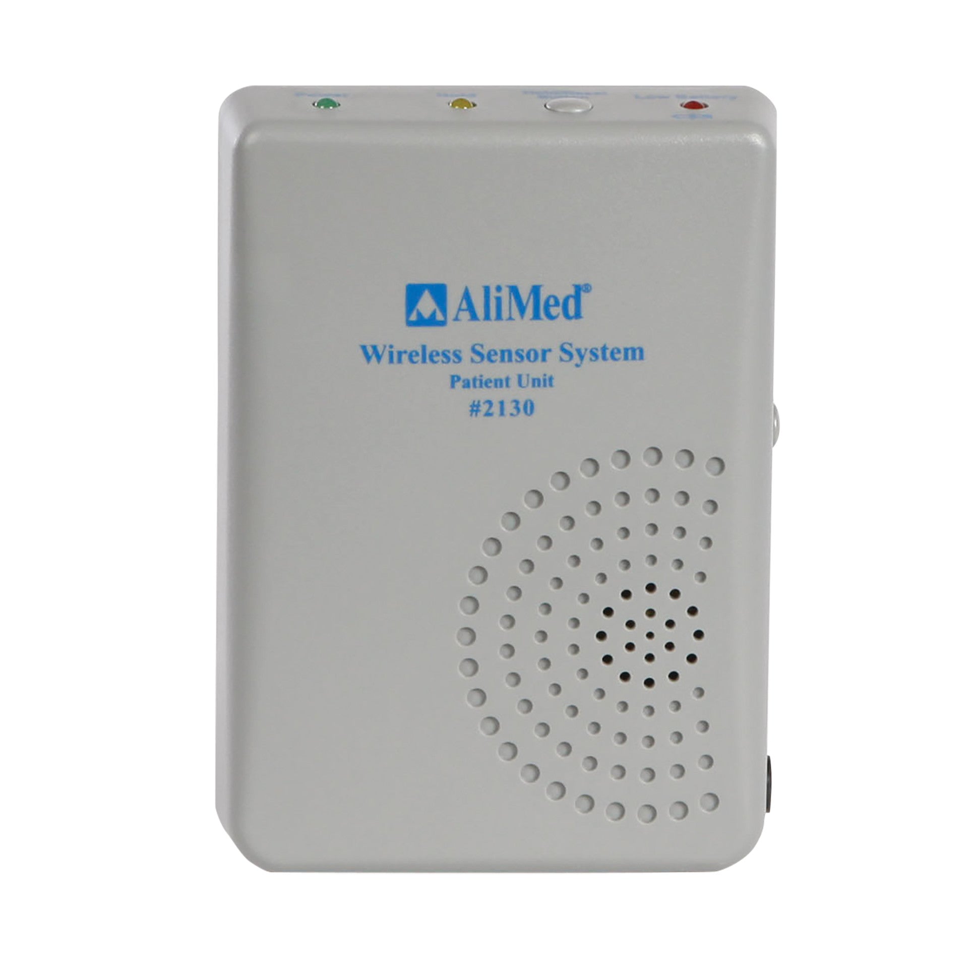 The AliMed Patient Alarm/Transmitter Unit is a rectangular device with indicator lights, speaker holes, and control buttons.
