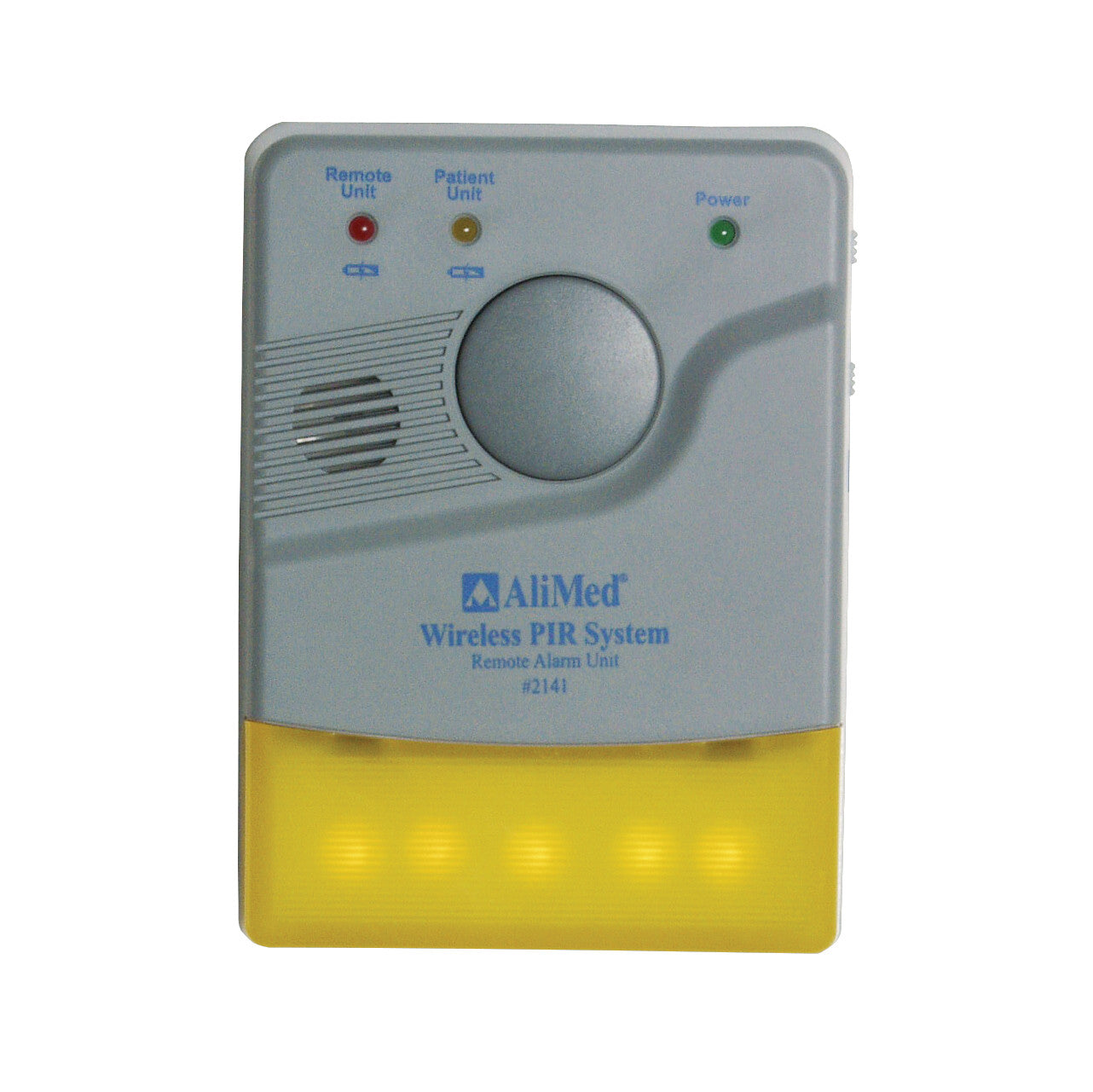 AliMed Remote Receiver Alarm Unit with three indicator lights, a speaker, and a yellow base with light bulbs for wireless monitoring.