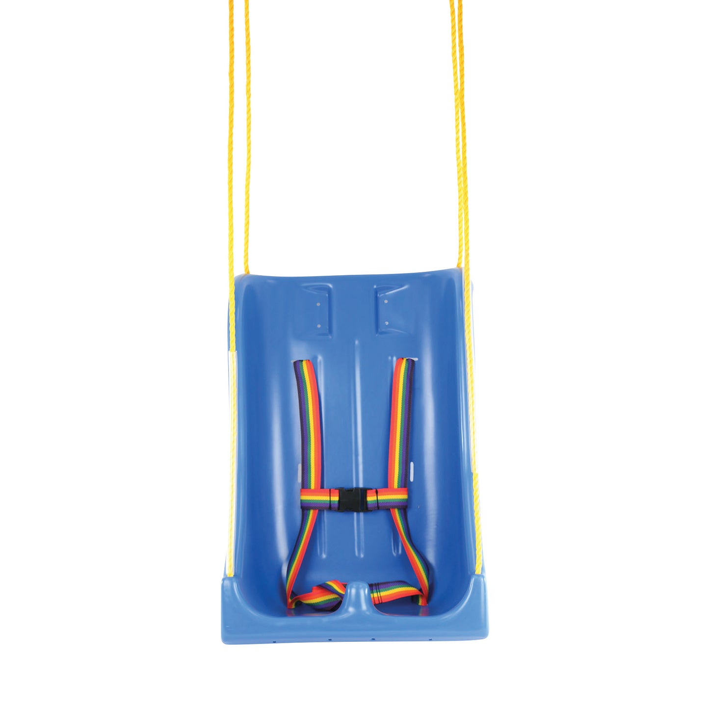 The Skillbuilders Full Support Swing Seat is a blue swing with yellow ropes and a rainbow harness for secure support.