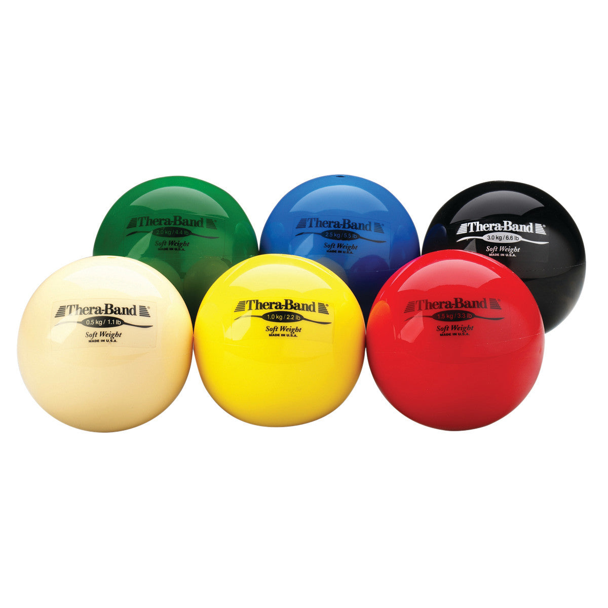 THERABAND Soft Weight Set featuring six colorful weighted balls in cream, green, blue, yellow, red, and black.