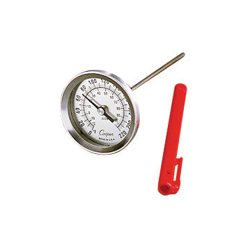 Chattanooga Hydrocollator Dial Thermometer with a metal probe and a red protective sleeve, displaying a temperature range.