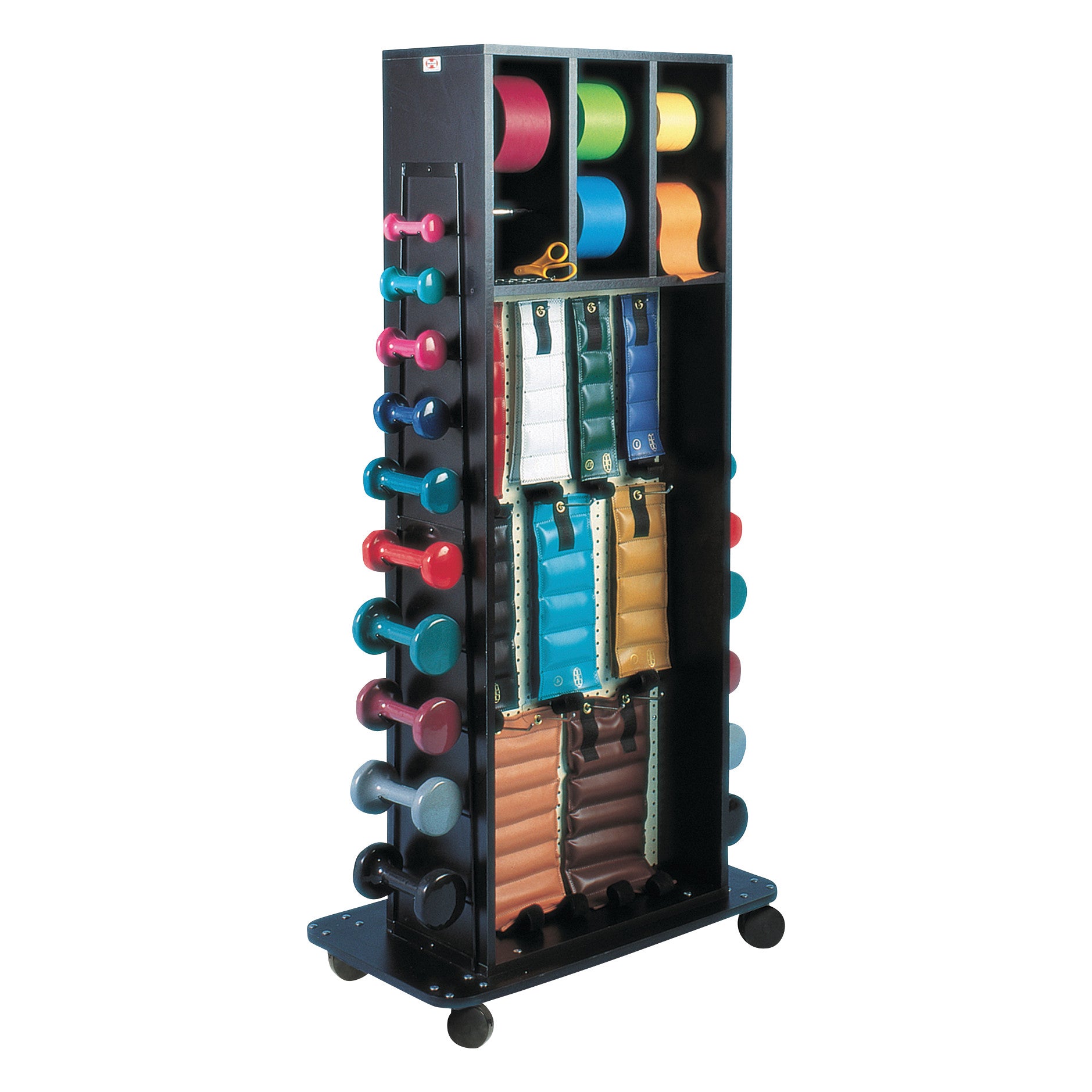 The Hausmann Multipurpose Combination Rack holds colorful dumbbells, resistance bands, and ankle weights on wheels for easy storage.