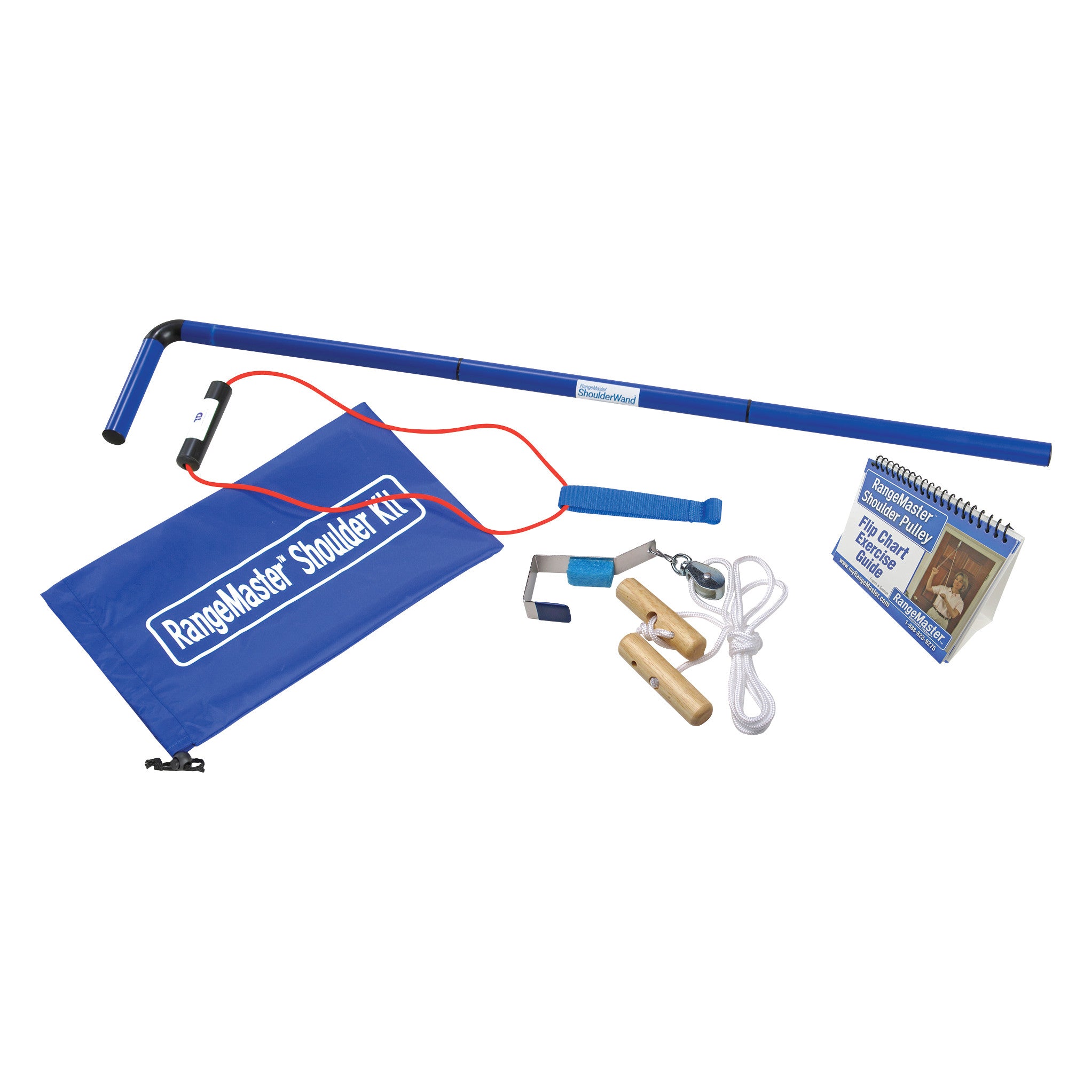 RangeMaster Shoulder Kit includes a blue pulley system, cane, wooden handles, instruction booklet, and carrying bag.