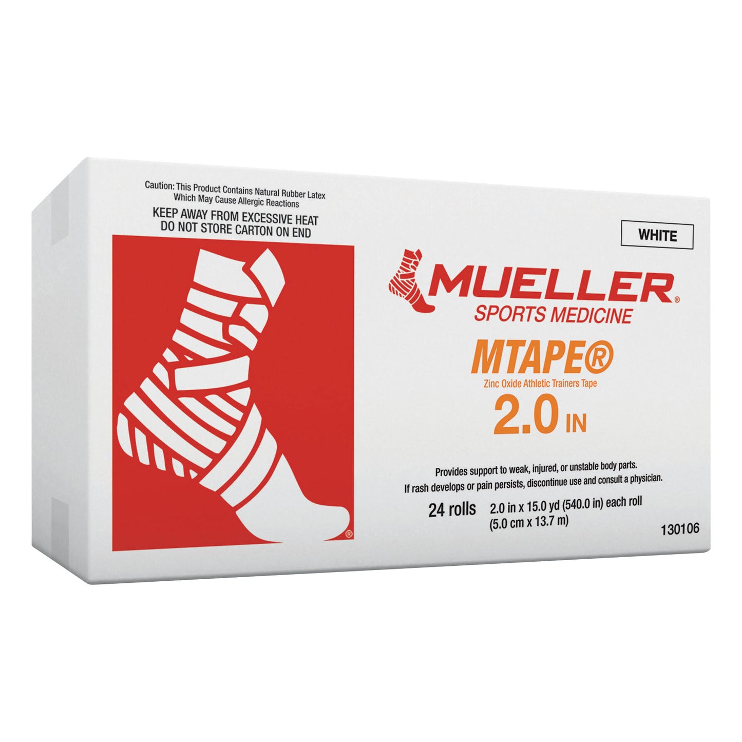 White box of Mueller MTape Athletic Tape, 2.0 inch, showing an ankle wrapped with tape, contains 24 rolls for athletic support.