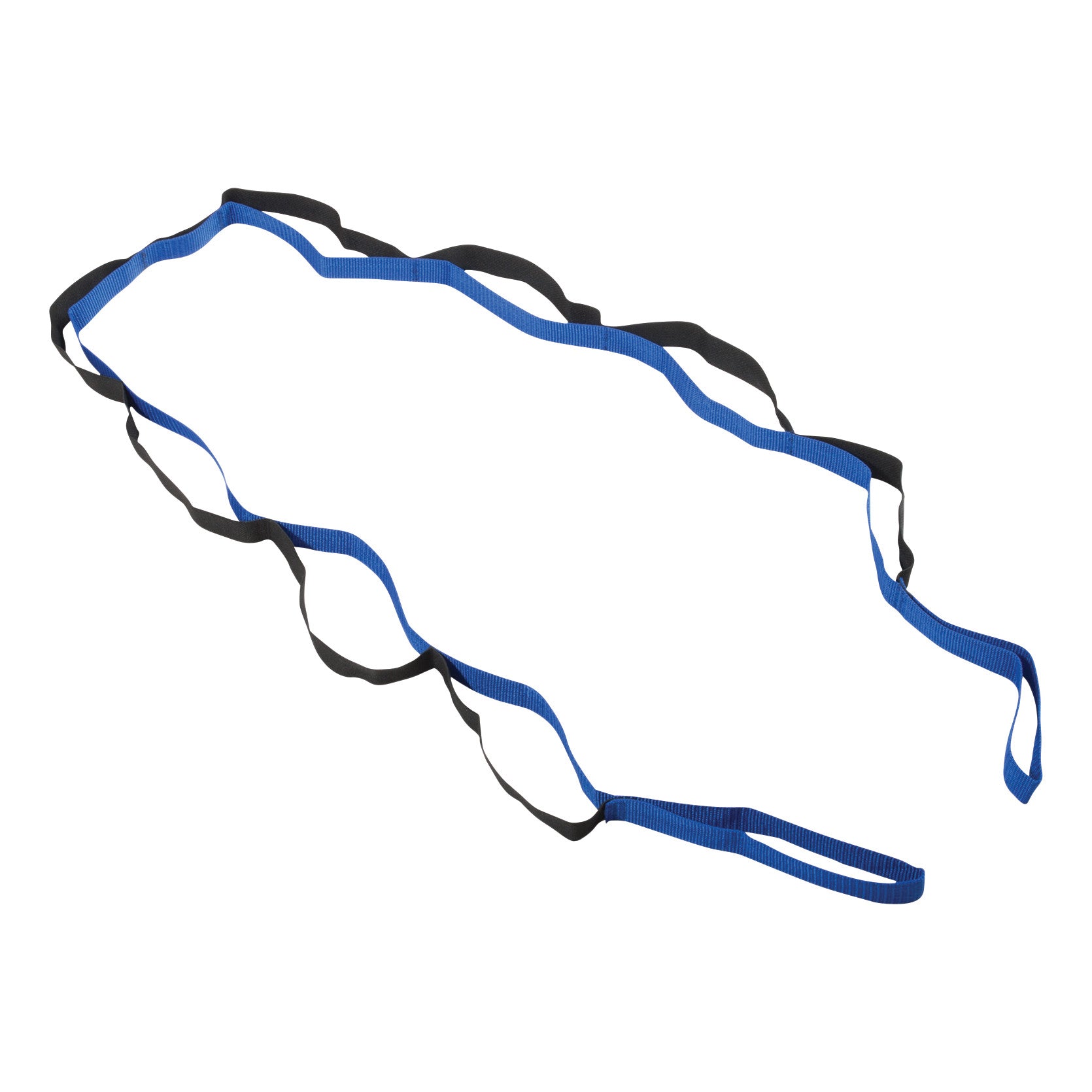 The CanDo Dynamic Stretch Strap is a blue and black elastic fitness band with multiple loops for stretching and exercise.