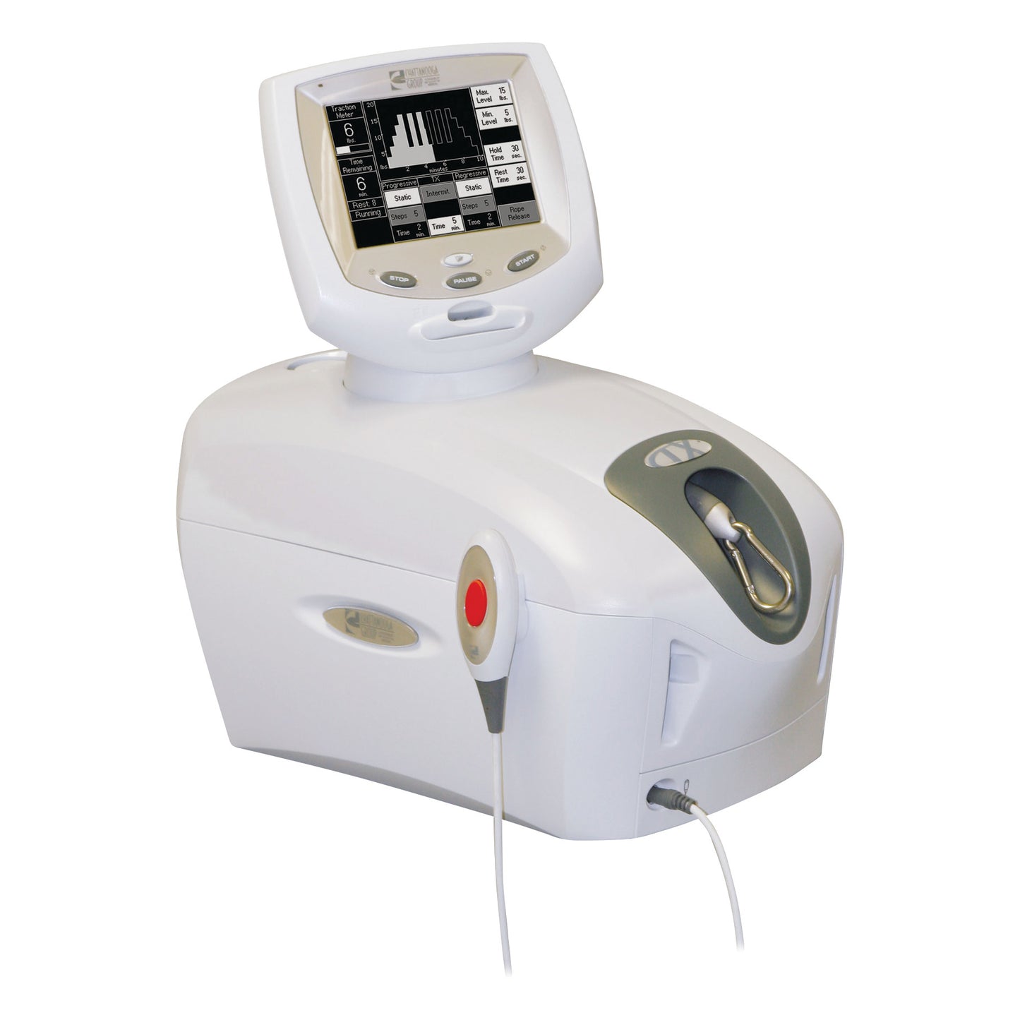 Chattanooga TX Traction Unit with a digital display, a control panel, and a handheld controller attached by a cord.