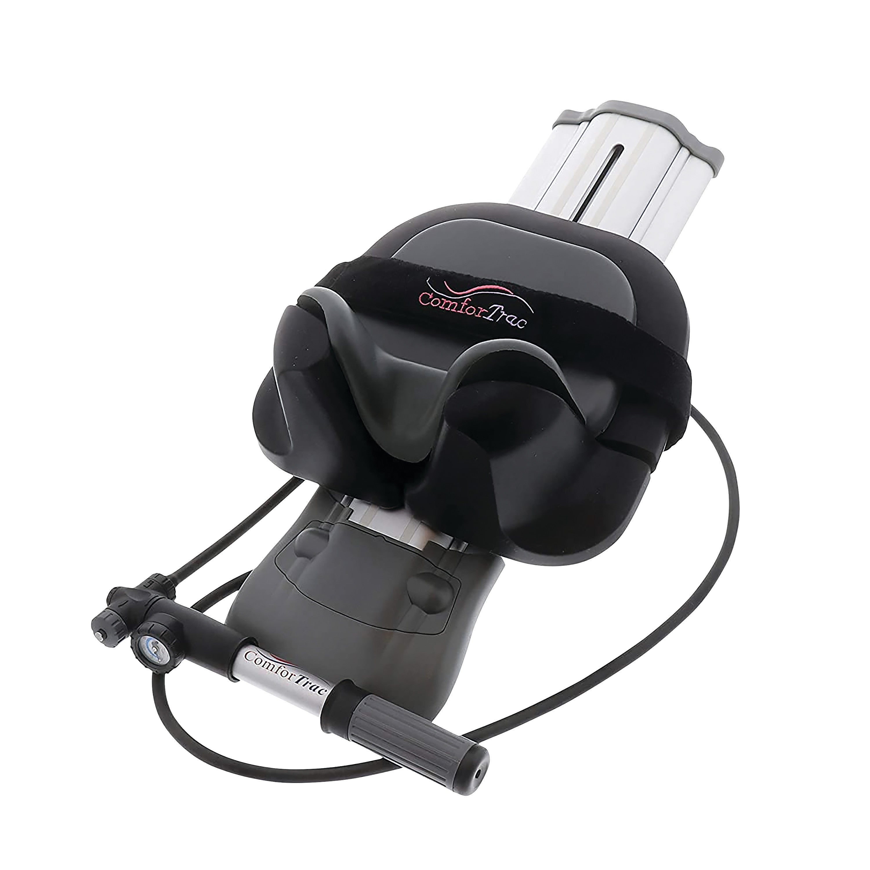 ComforTrac Cervical Traction Unit with a gray, padded headrest, adjustable tension rods, and a hand pump for neck therapy.