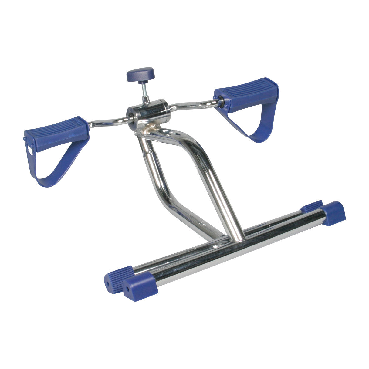 The AliMed Light Workout Folding Exerciser is a compact, chrome-finished pedal exerciser with blue foot straps and non-slip base.