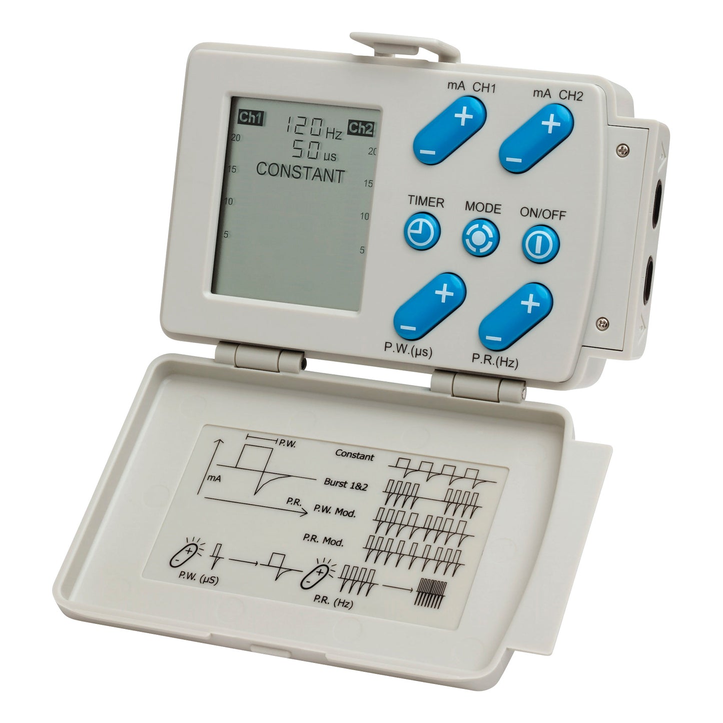 Impulse D5 Digital TENS Unit with a display and blue buttons, showing settings for channels, power, timer, mode, and diagrams inside.