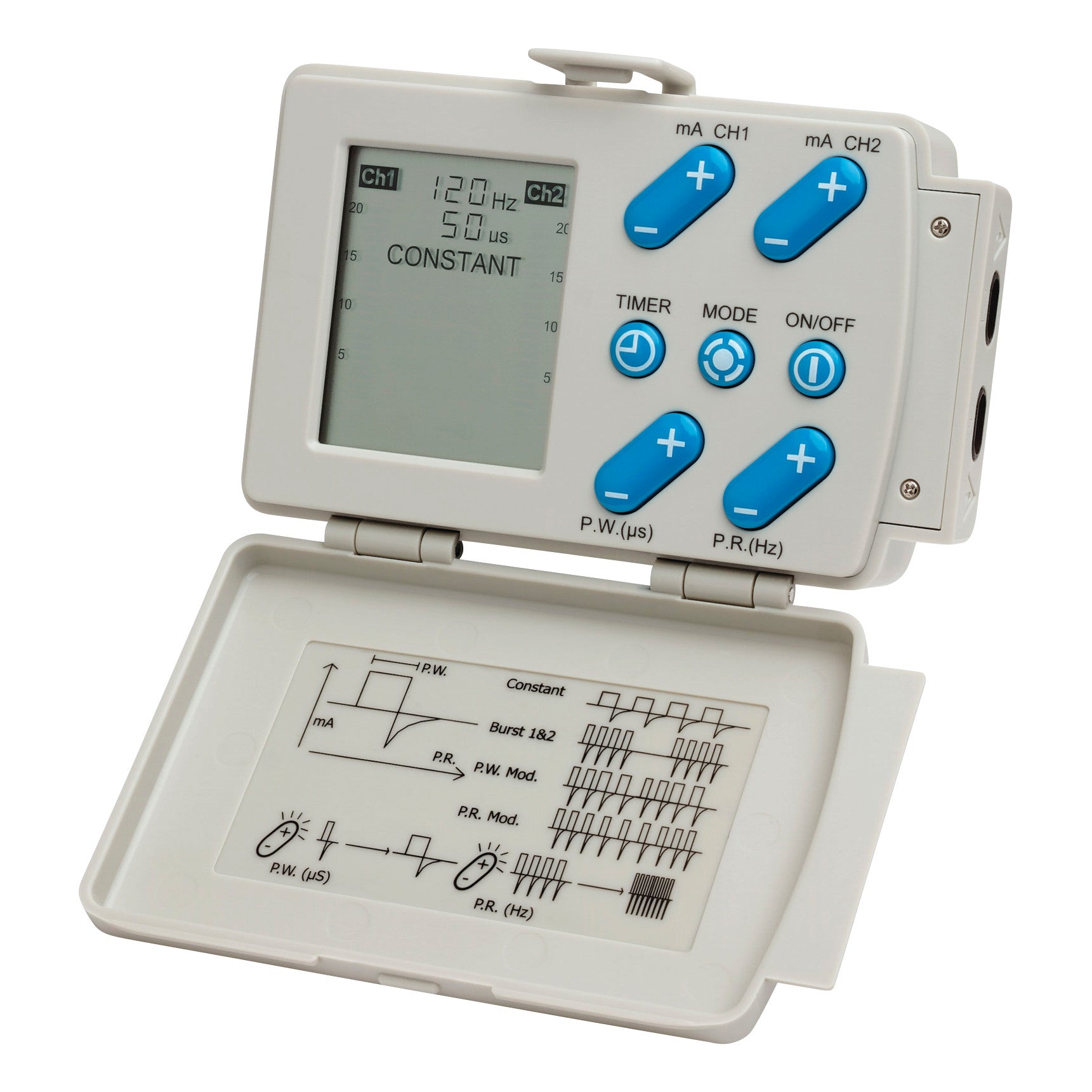 Impulse D5 Digital TENS Unit with a display and blue buttons, showing settings for channels, power, timer, mode, and diagrams inside.