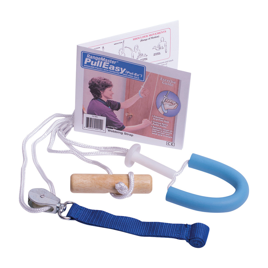 RangeMaster Pul-EZ Grip-Free Shoulder Pulley with a wooden handle, blue strap, and exercise guide for shoulder rehabilitation.