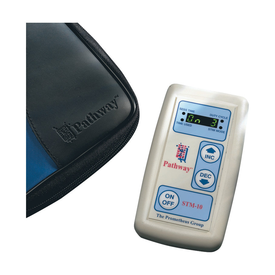 A Pathway STM 10 Vaginal and Rectal Intracavity Stimulator with a digital display and buttons, next to a black zippered case.