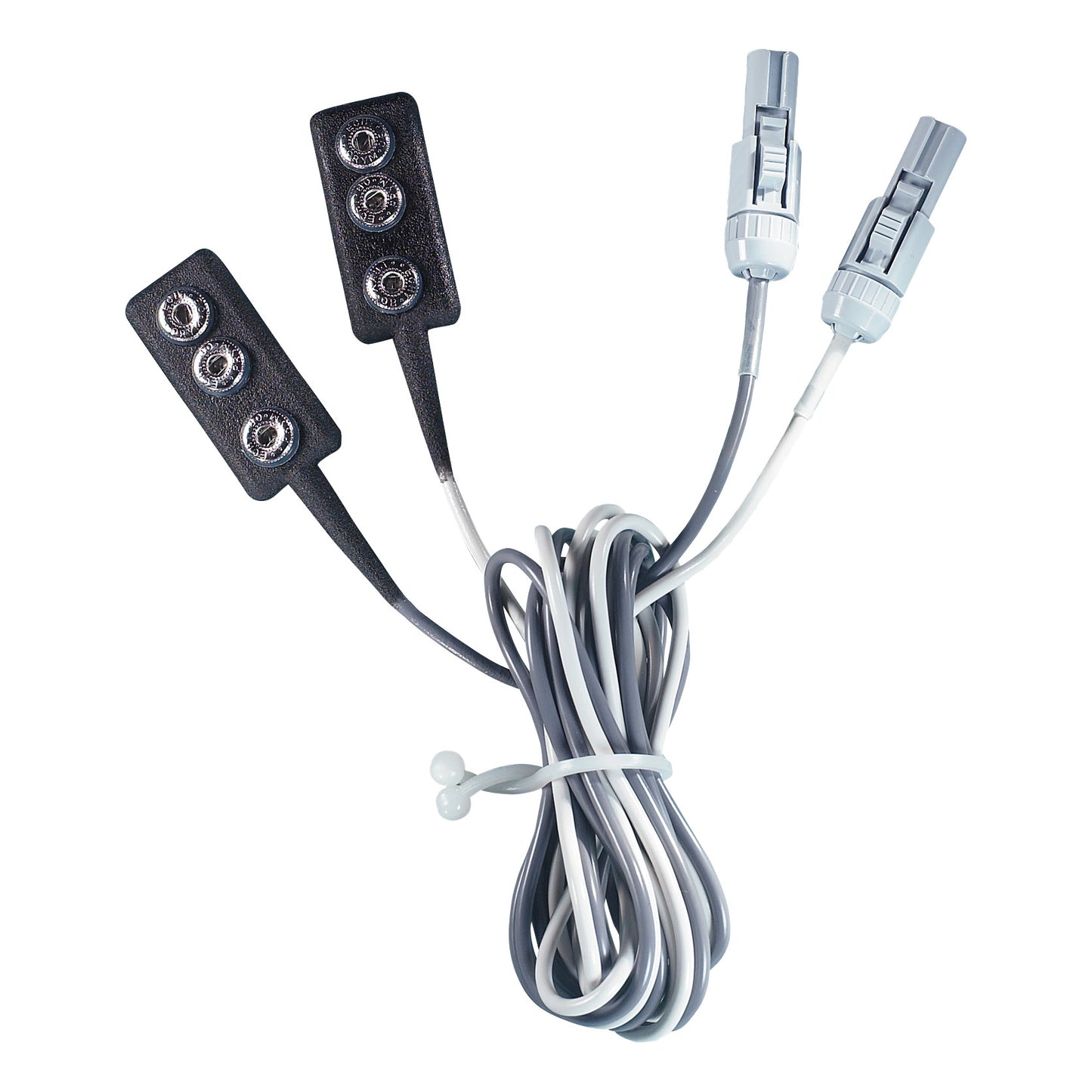 A Pathway Preamplifier with two black electrode lead wires and gray connectors, coiled neatly with a white securing band.