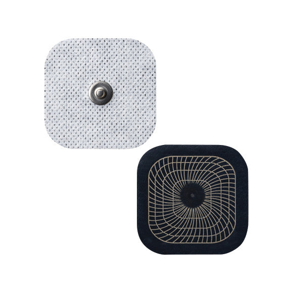 Two UltraStim Snap Electrodes, one white and one black, with a snap connector and grid-like patterns on their surfaces.