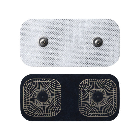 Two UltraStim Snap Electrodes, one white with snap connectors and one black with intricate grid patterns for therapeutic use.