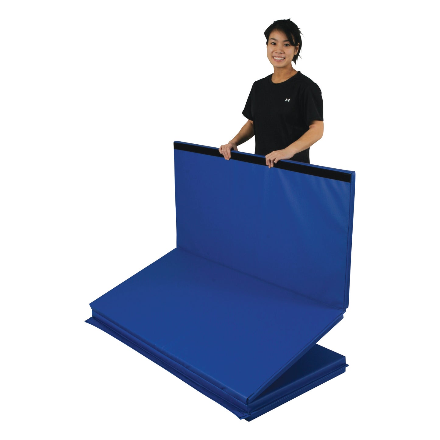 A person holds an AliMed Accordion Fold Exercise Mat in blue. The mat is partially folded, showcasing its portability.