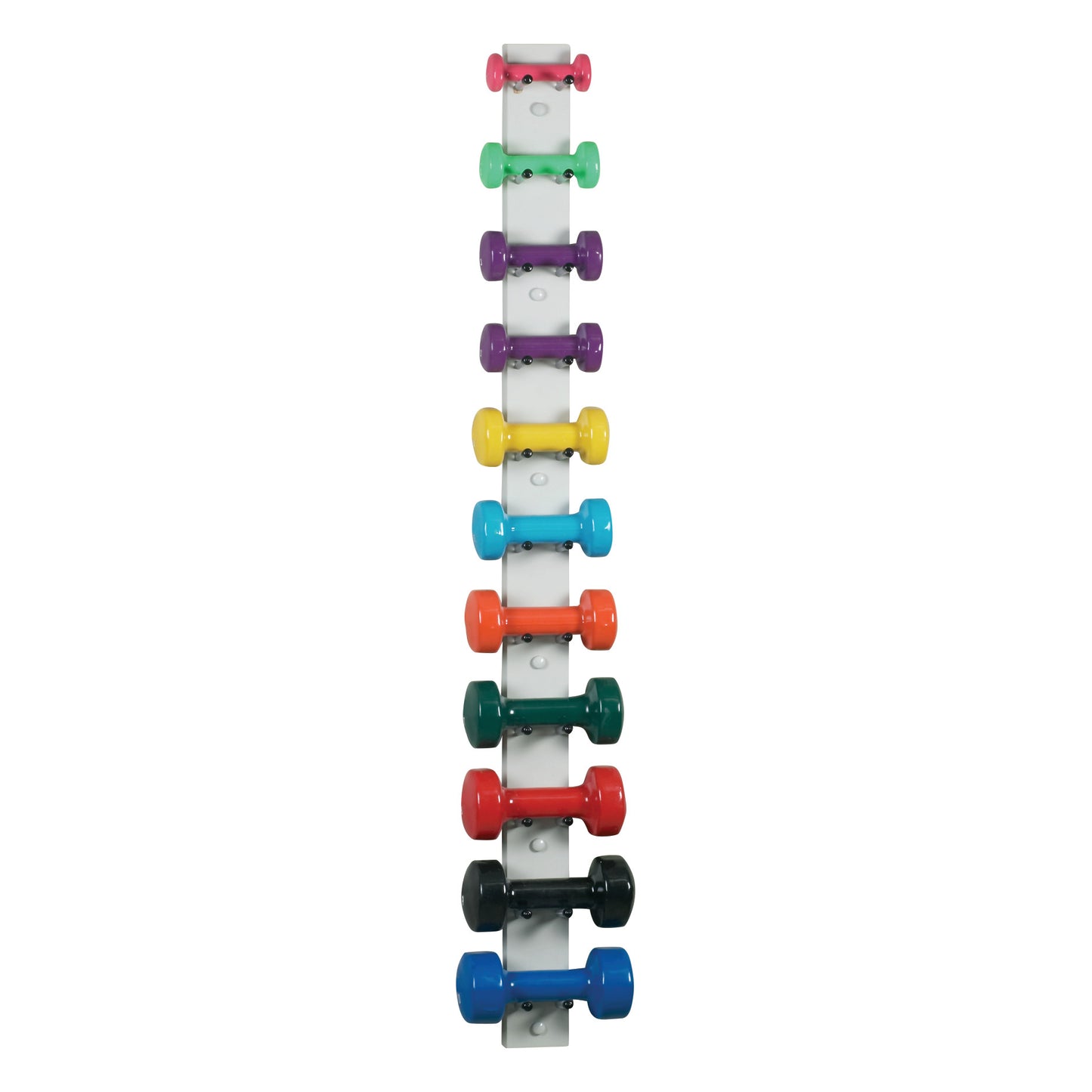 Clinton Dumbbell Strip holding eight pairs of colorful dumbbells lined vertically, featuring purple, yellow, orange, and blue weights.
