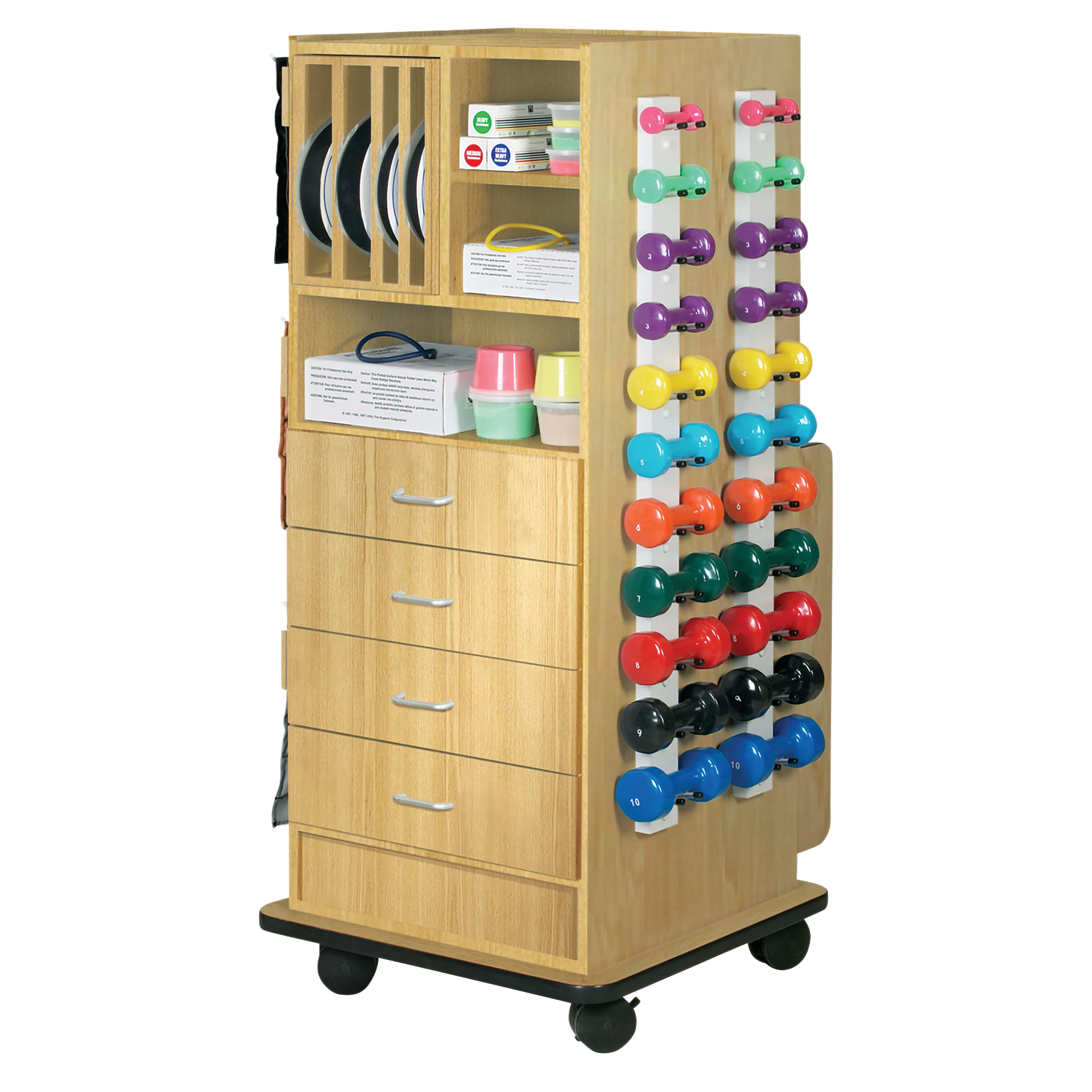 Clinton Zeus SuperRac is a wooden storage cart with colorful dumbbells, coiled cables, drawers, and shelves on wheels.