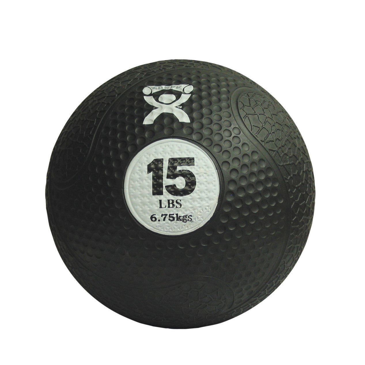 A black CanDo Rubber Medicine Ball with a dimpled texture, marked with "15 LBS" and "6.75 kgs" on a white circle.