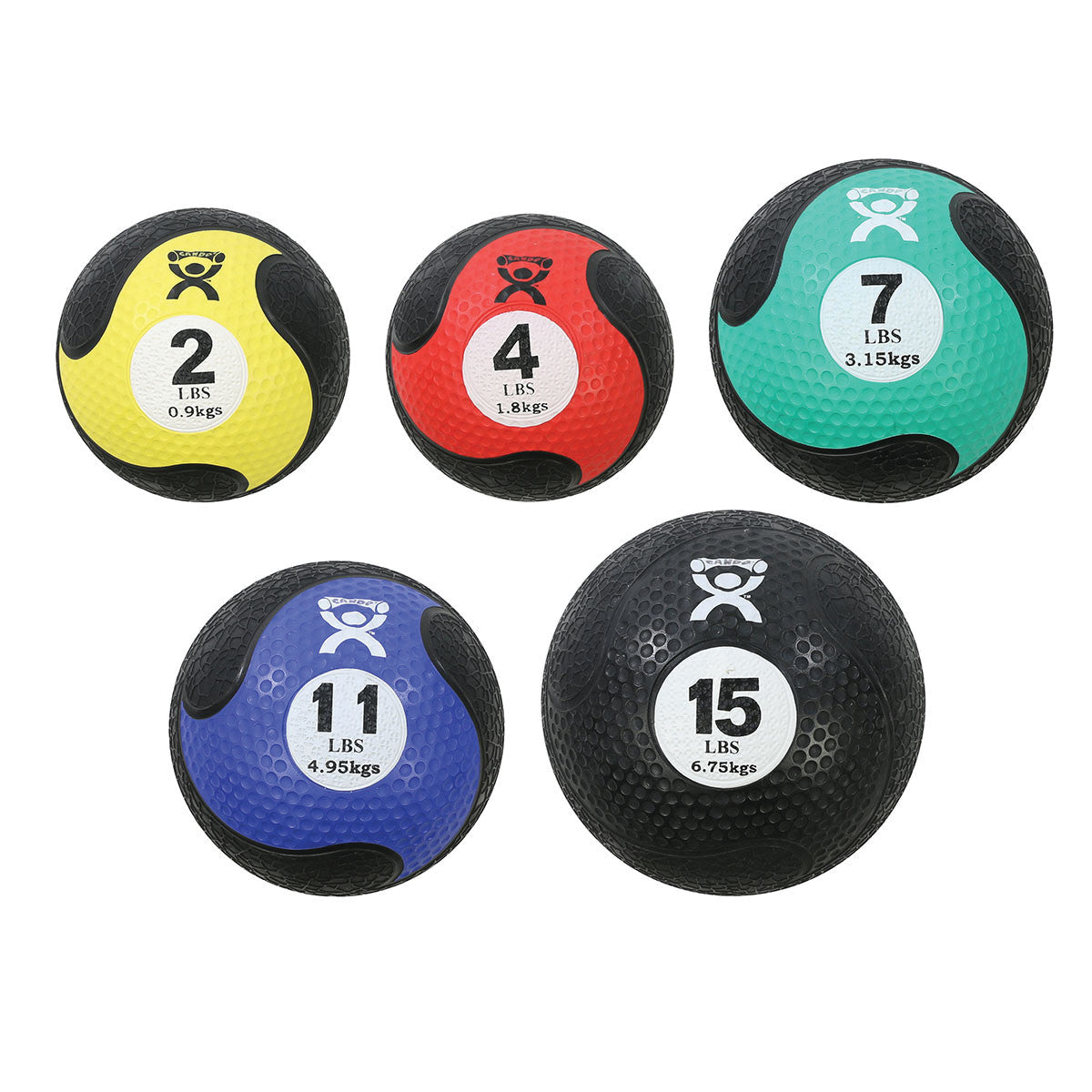 CanDo Rubber Medicine Ball Set features five colorful balls with weights ranging from 2 lbs to 15 lbs.