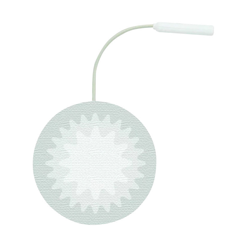 A Uni-Patch StarBurst Electrode with a circular starburst design and an attached wire and connector for medical use.