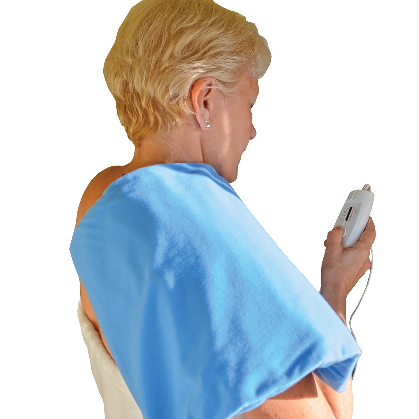 A person uses the Advocate Moist/Dry Heating Pad on their shoulder, holding a control device. The pad is covered in a blue fabric.