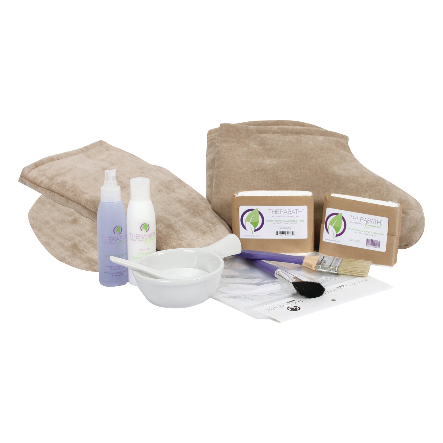 Therabath Paraffin Super Accessory Kit includes paraffin wax blocks, lotions, mitts, a mixing bowl, and brushes for spa treatments.