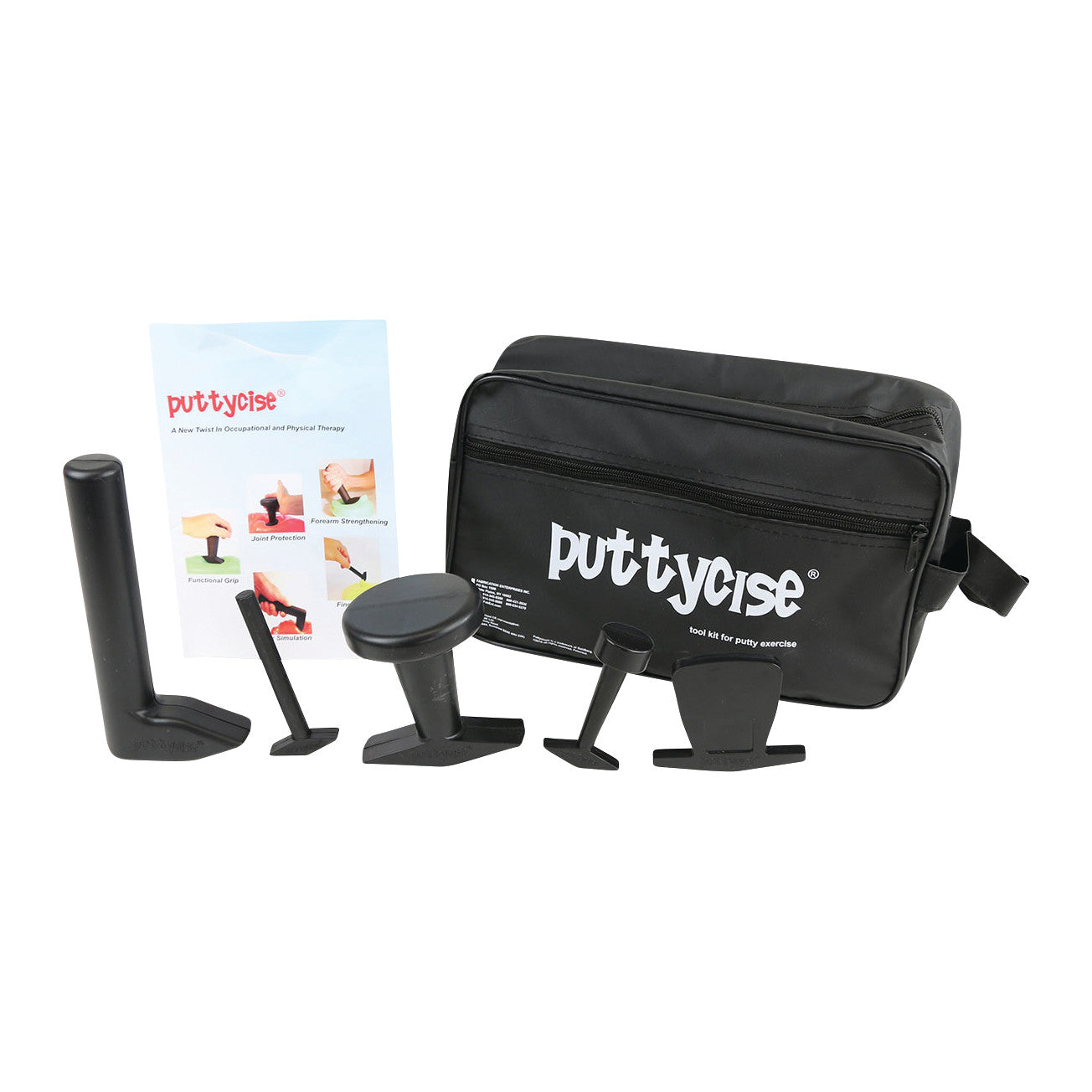 Puttycise Tool Set with five black tools, a black carrying bag, and an instructional pamphlet for therapy exercises.