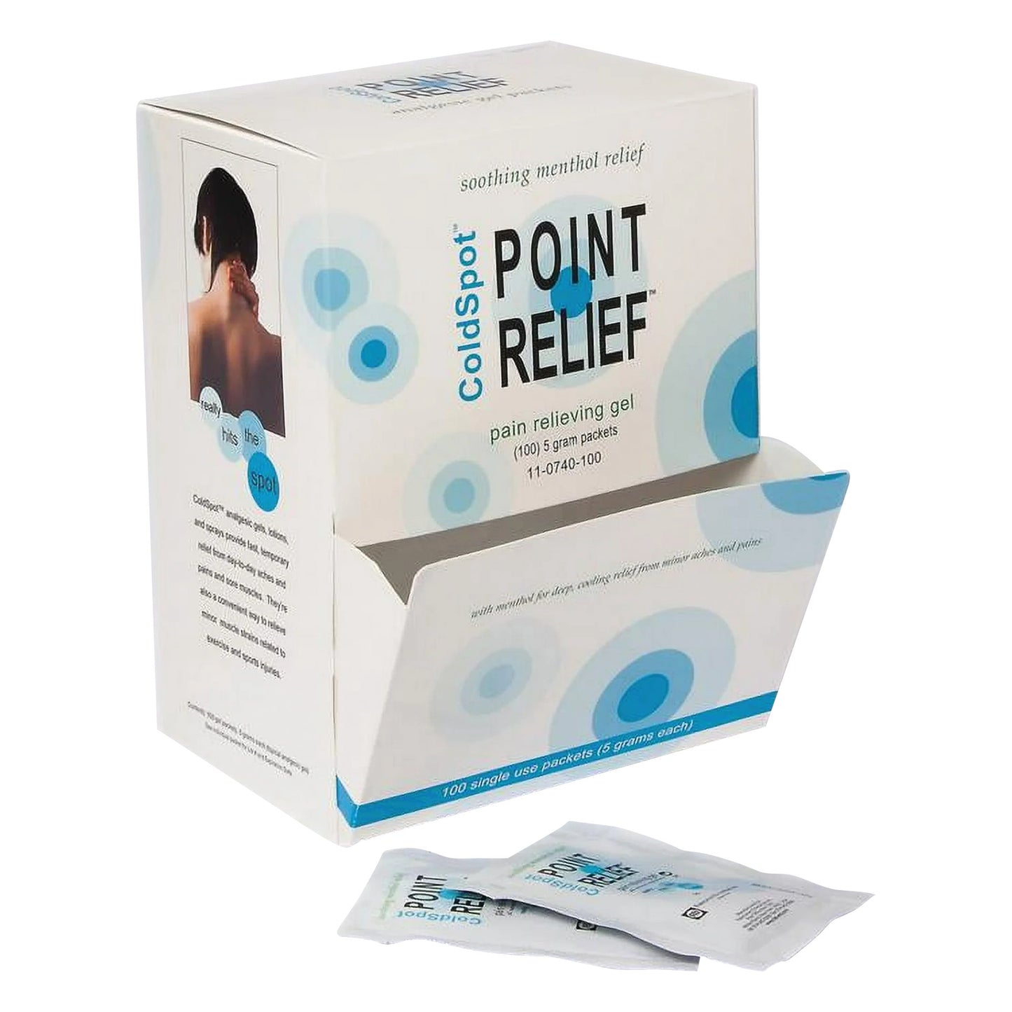 Box of Point Relief ColdSpot Pain Relief Gel containing 100 single-use packets, box open with packets visible.