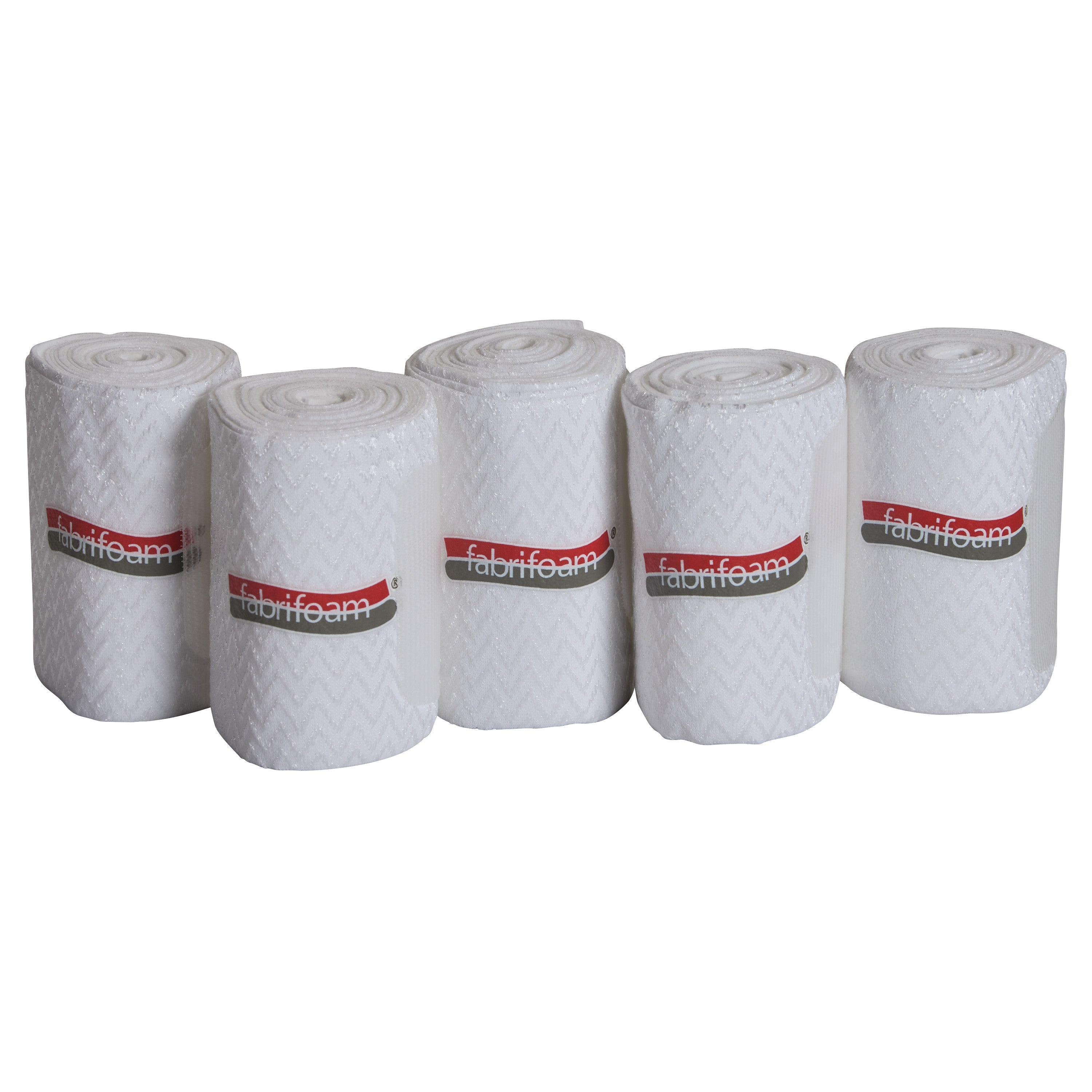 Five rolls of white FabriFoam SuperWrap Compression Wrap are shown standing upright with red bands.