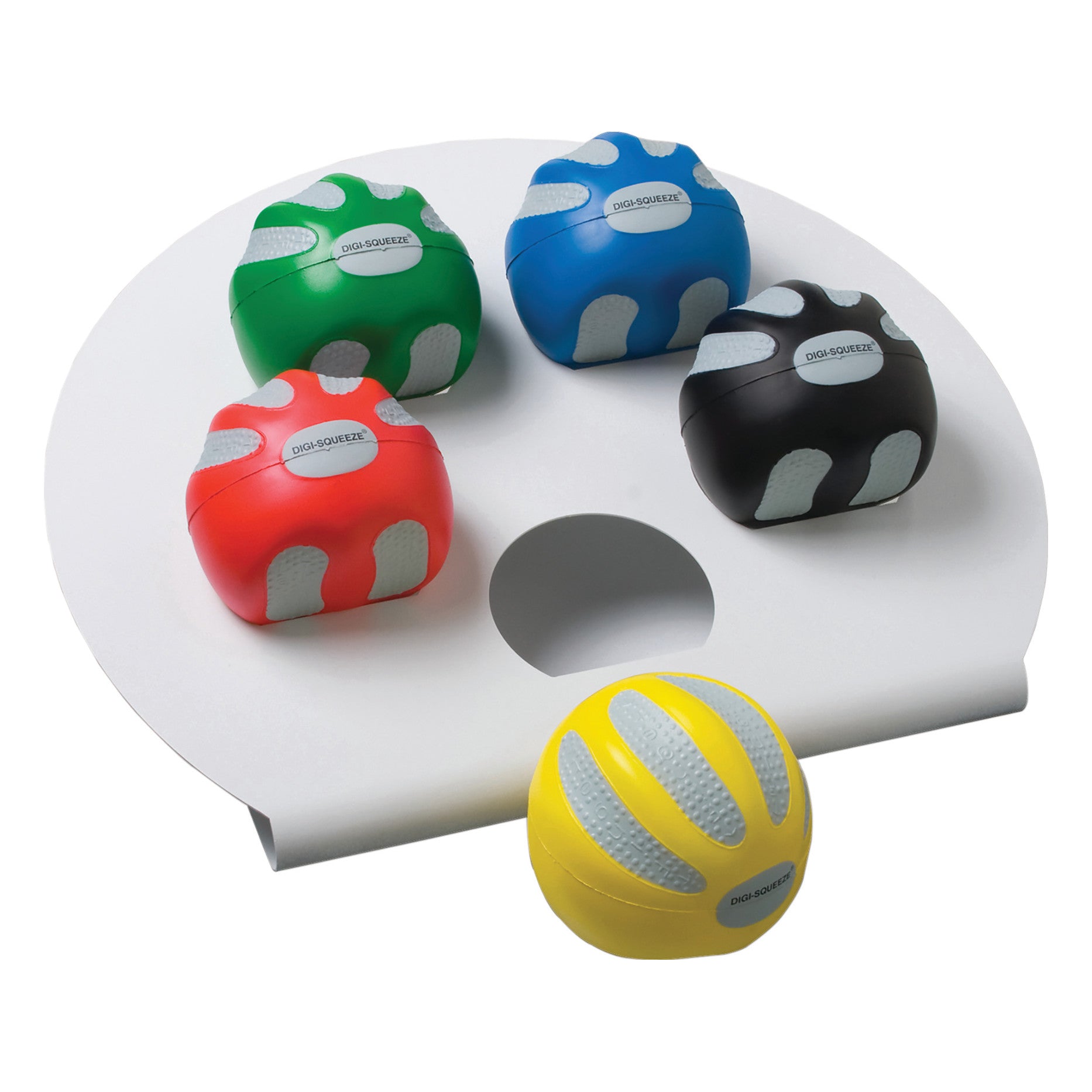 CanDo Digi-Squeeze Hand Exerciser Set with Stand featuring four colorful hand exercisers in red, green, blue, black, and yellow.