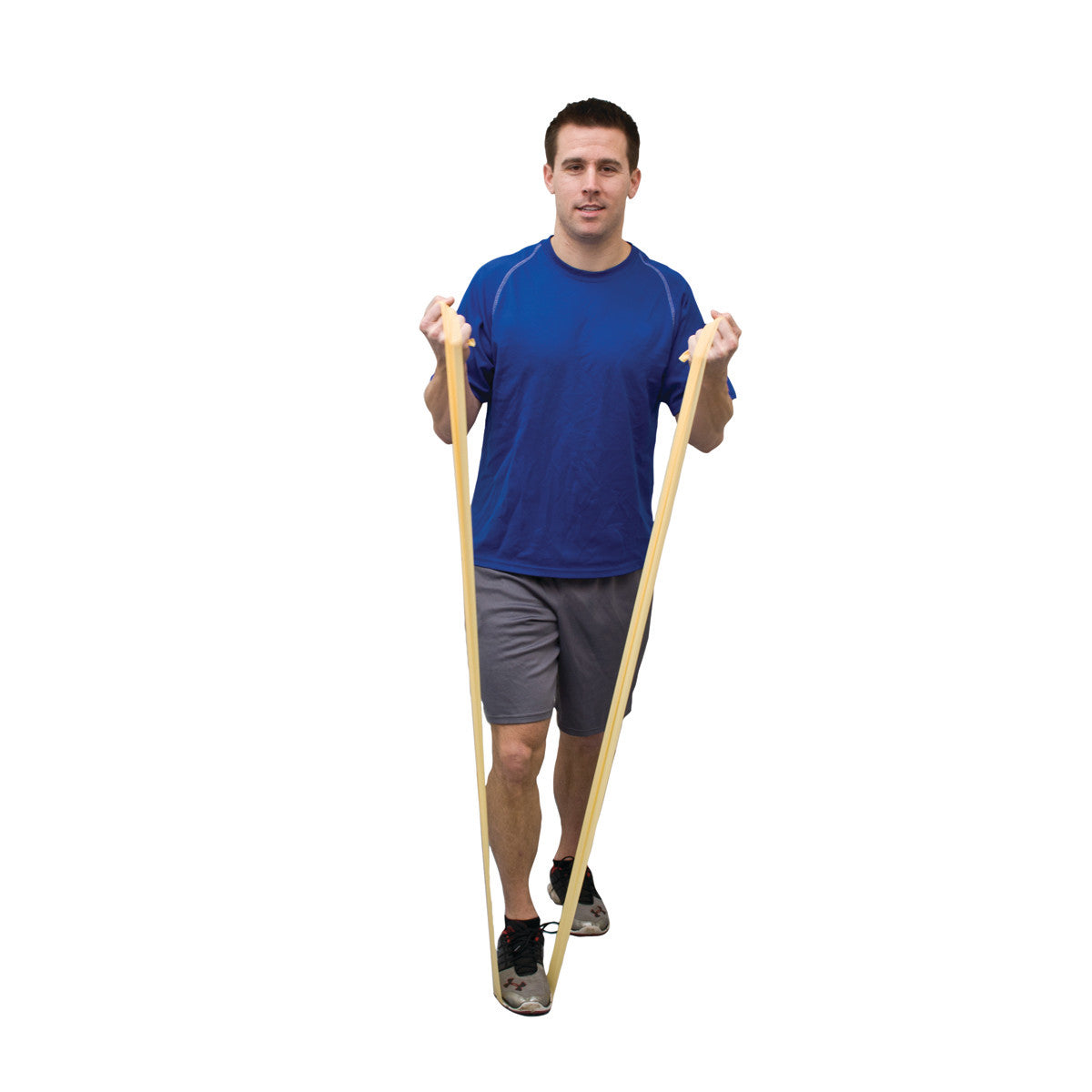 A man uses a CanDo Val-U-Band Latex Exercise Band, wearing a blue shirt and gray shorts, performing a resistance exercise.