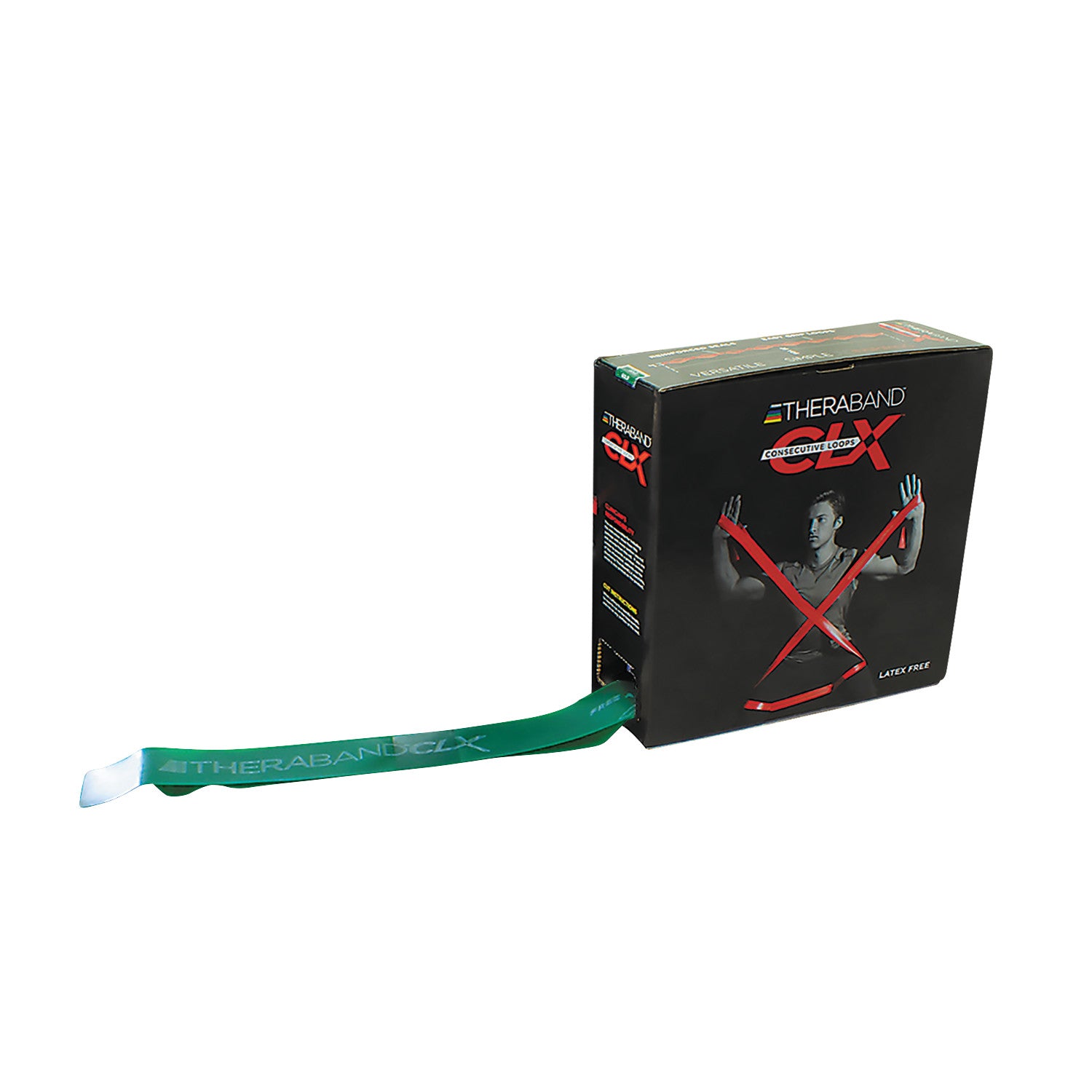 THERABAND CLX Resistance Band in green is partially pulled out from a black box featuring an illustration of a person using the band.