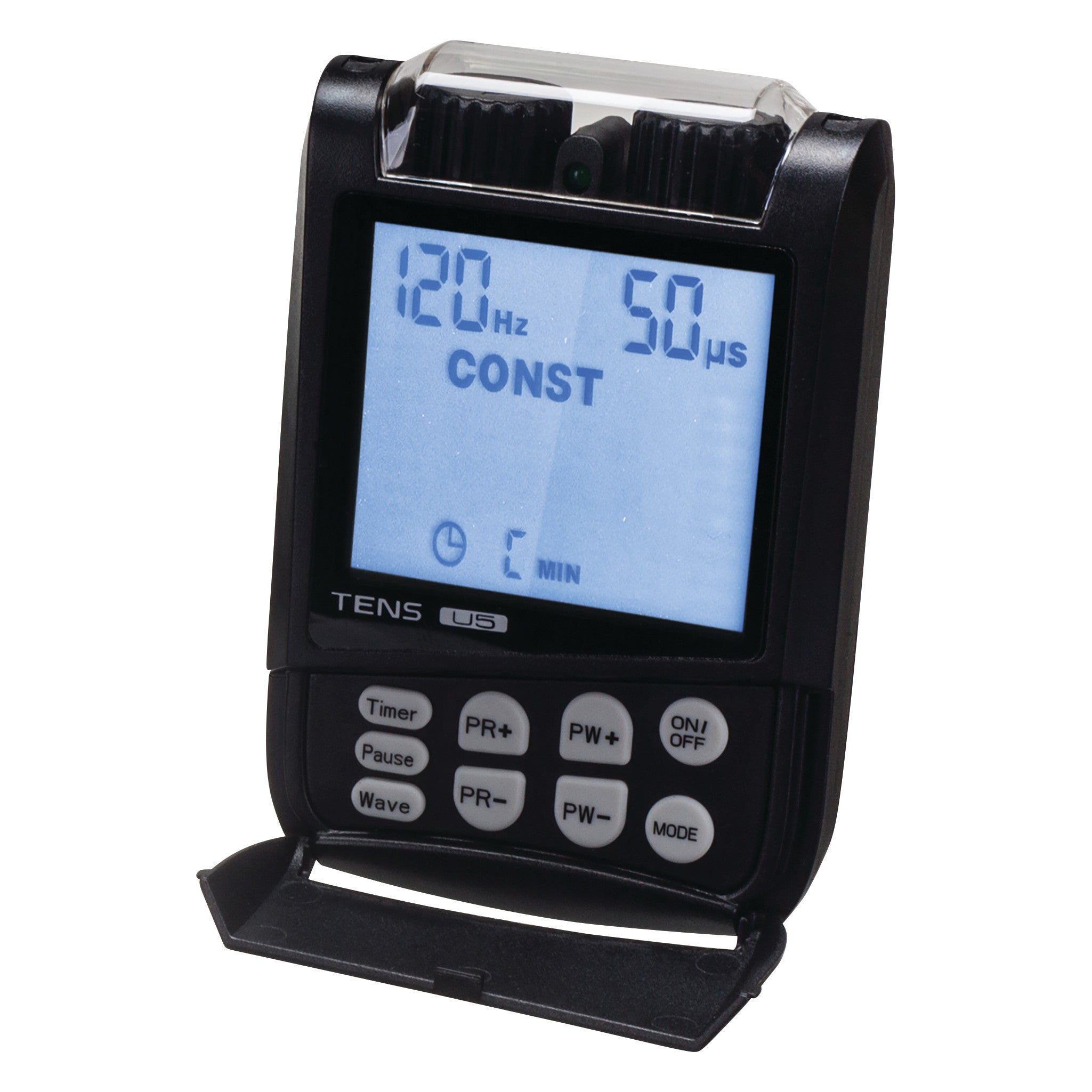The Ultima 5 Digital TENS Unit displays 120 Hz and 50 µs, with buttons for timer, mode, and intensity control.
