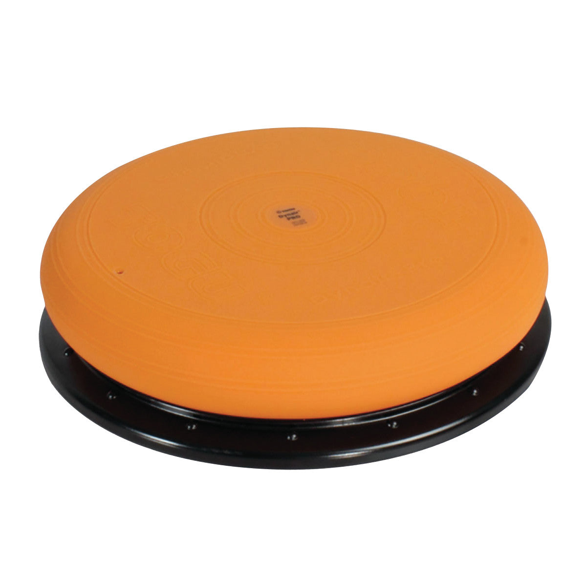 The image features a TOGU Dynair Pro Ball, an orange balance trainer with a textured surface and a black base.