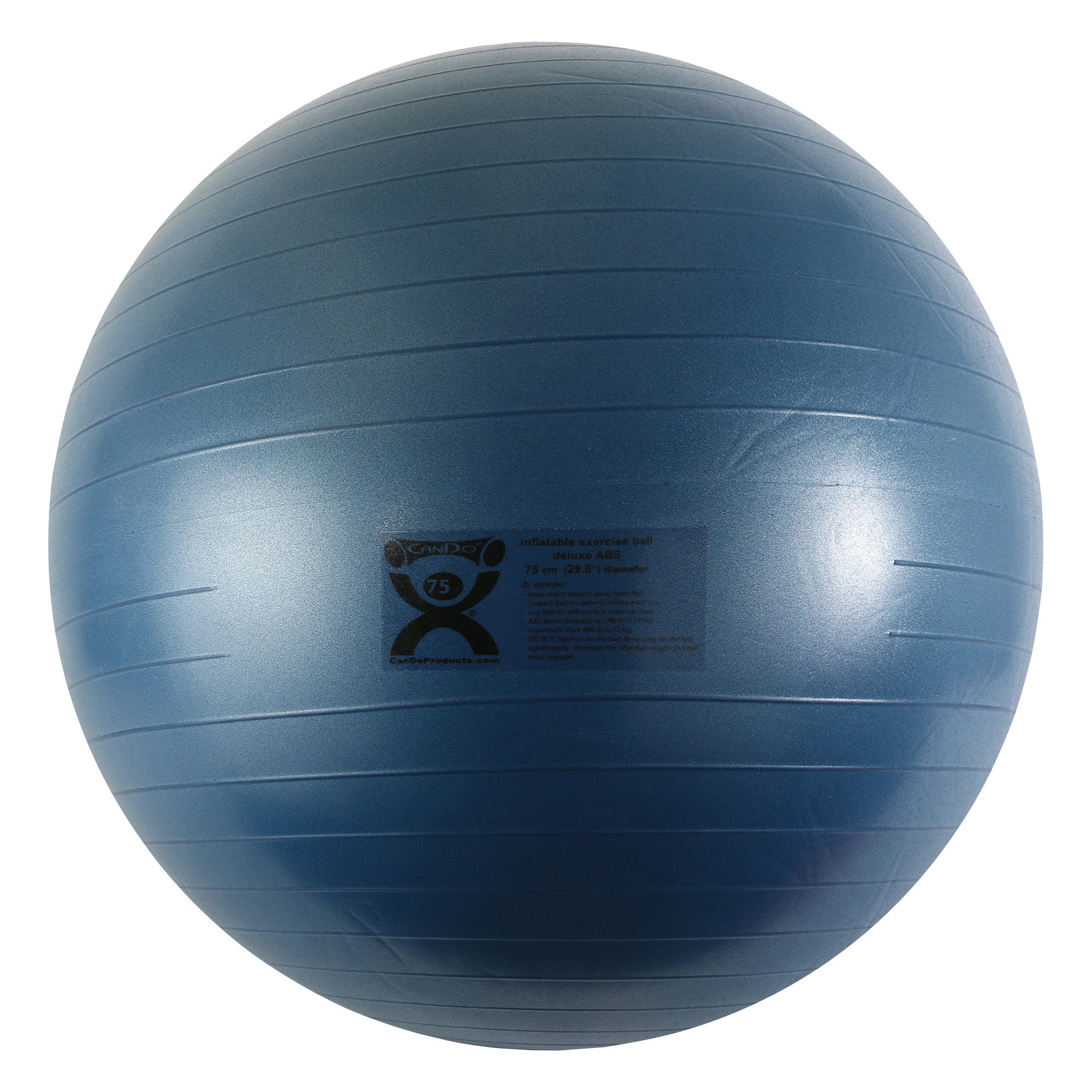 A blue CanDo Inflatable Exercise Ball with subtle horizontal grooves and printed text detailing its size and specifications.