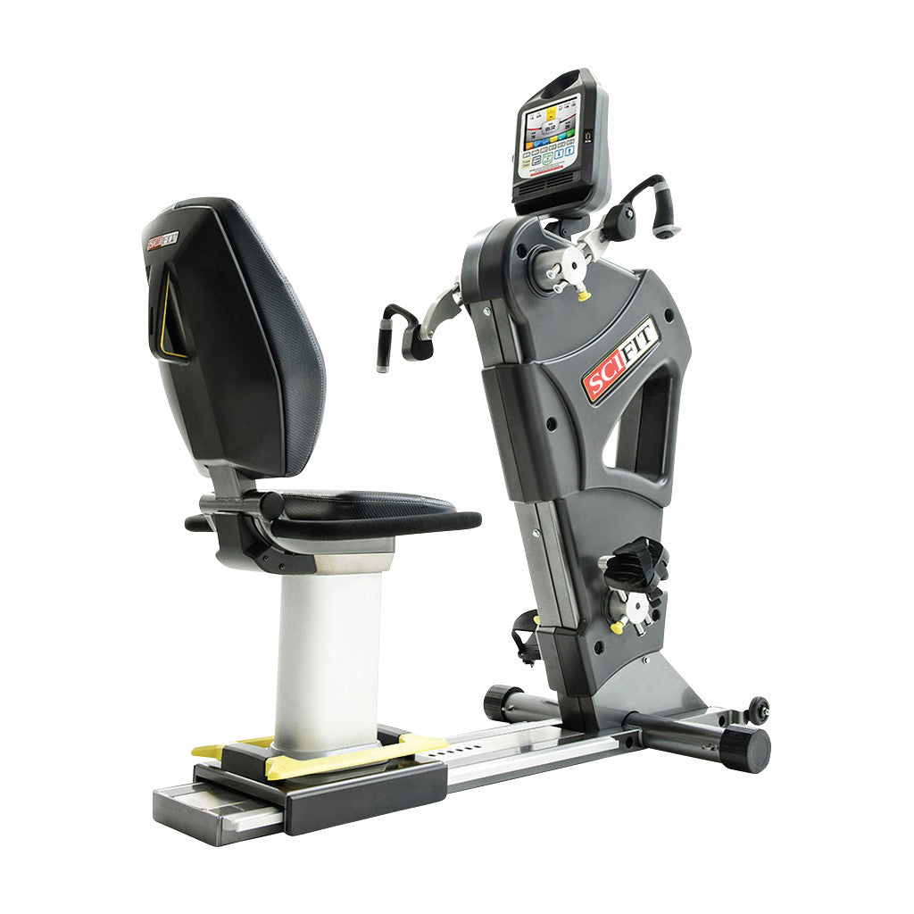 The SciFit PRO2 Total Body Exerciser features a seat and dual handlebars for cardiovascular and strength training workouts.