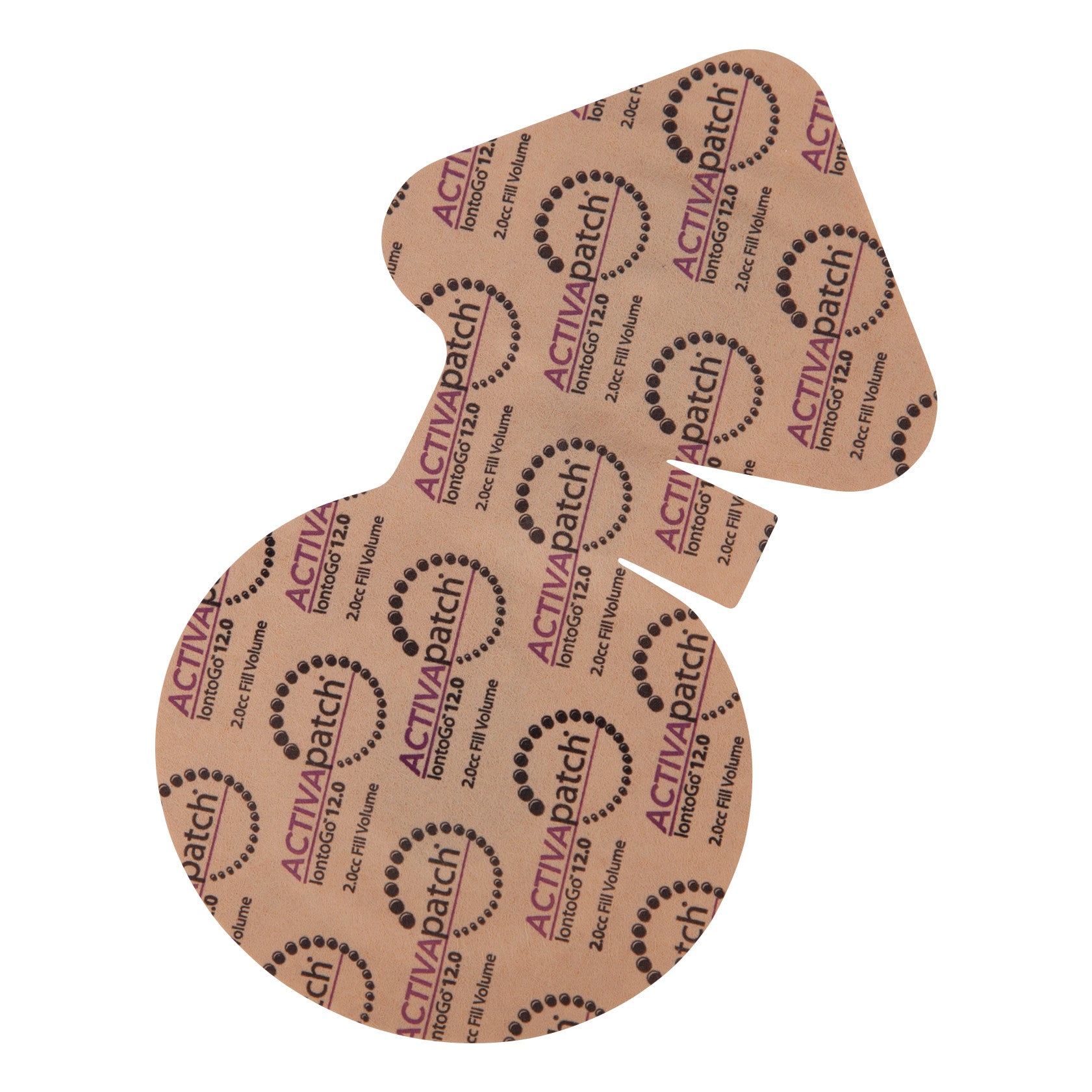 ActivaPatch IontoGo Iontophoresis Patch with a brown adhesive backing, featuring text and circular patterns in black and purple.