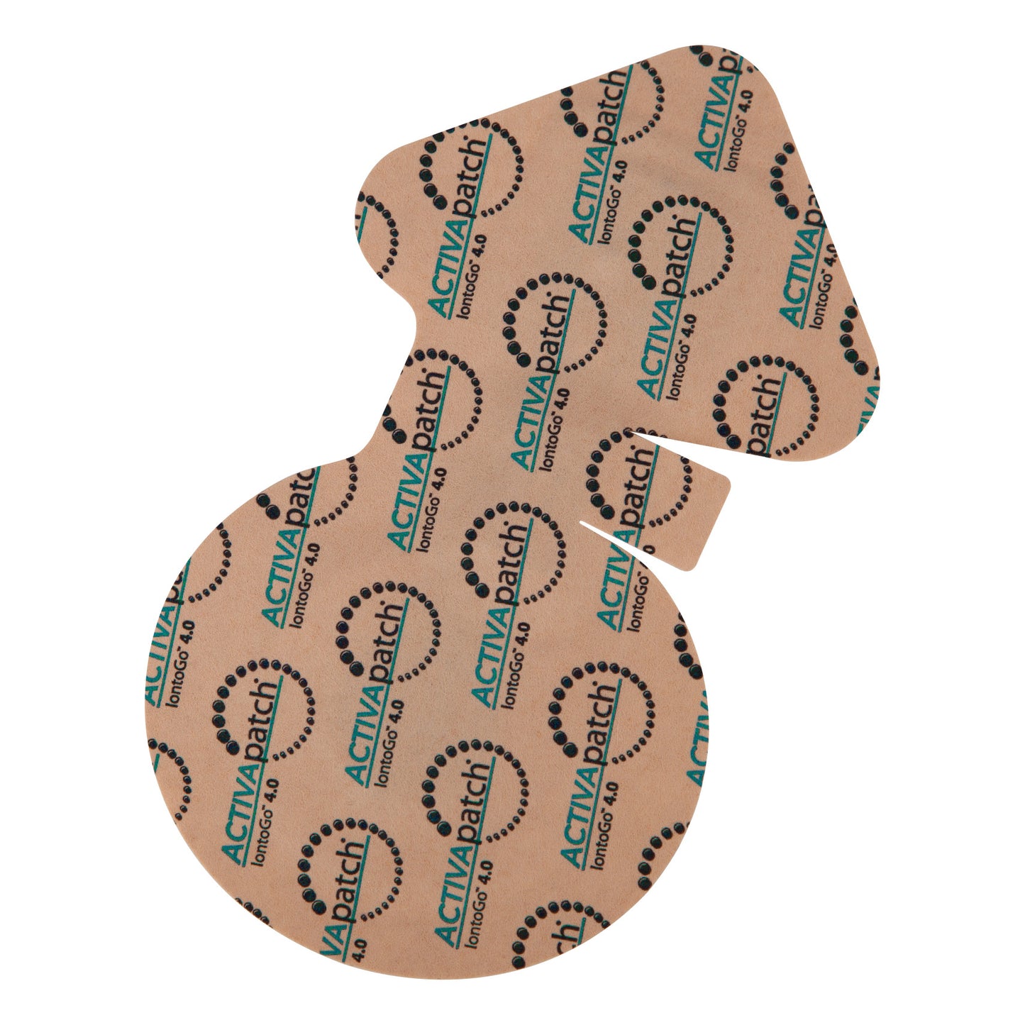 The image shows the ActivaPatch IontoGo Iontophoresis Patch with a tan adhesive surface featuring the product logo and design.