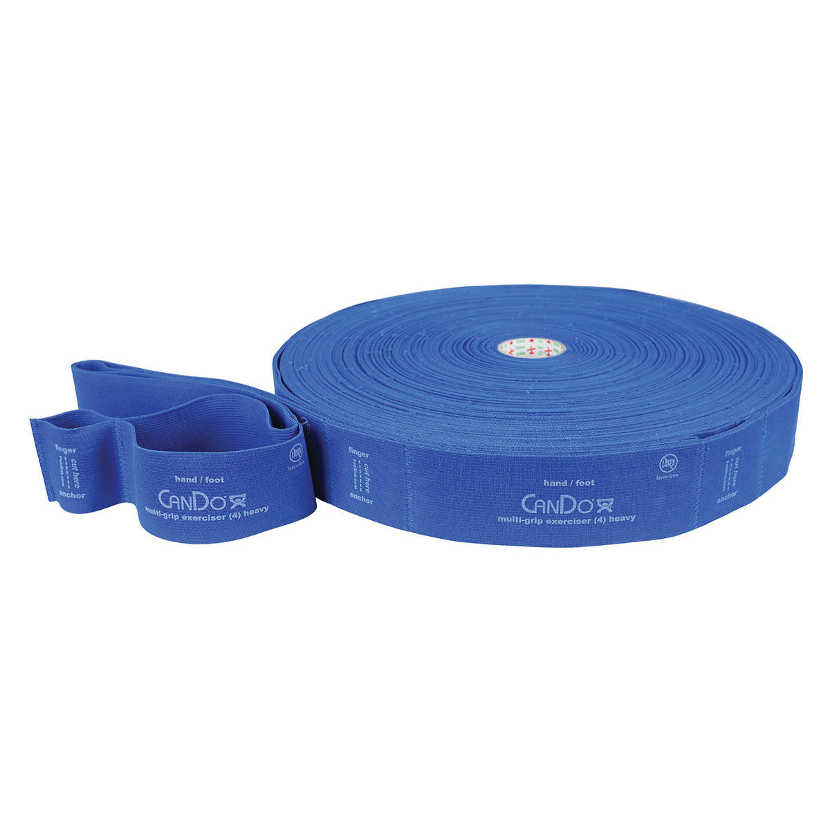 Blue CanDo Multi-Grip Exerciser band roll, featuring multiple loops for hand or foot exercises; labeled "heavy resistance."