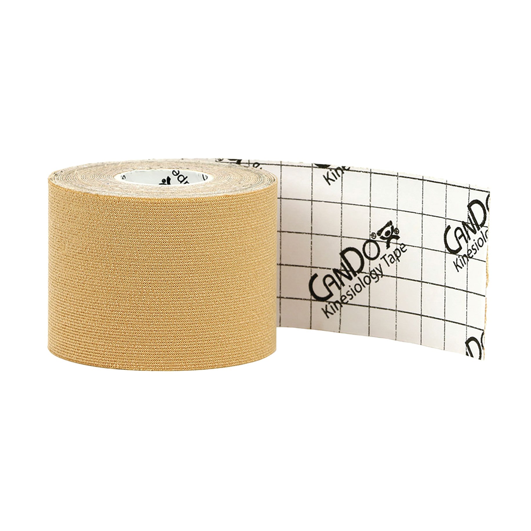 A roll of beige CanDo Kinesiology Tape with a portion of the white grid-patterned backing exposed.